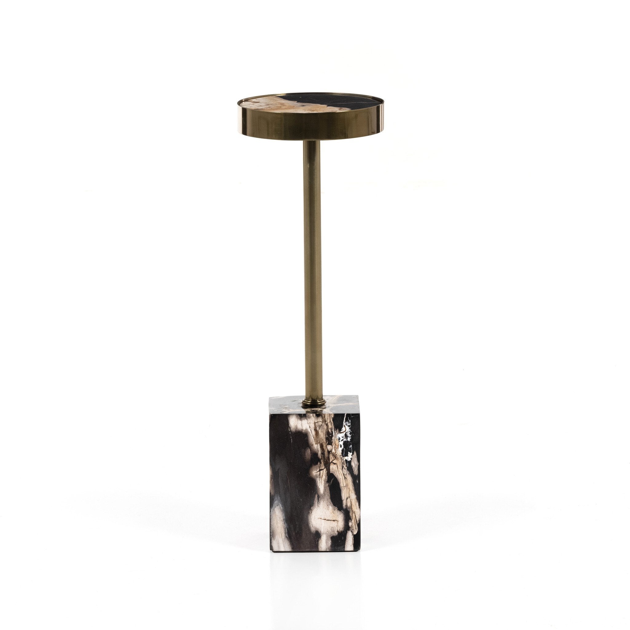 Four Hands Bevin End Table — Dark Petrified Wood-Shiny Brass