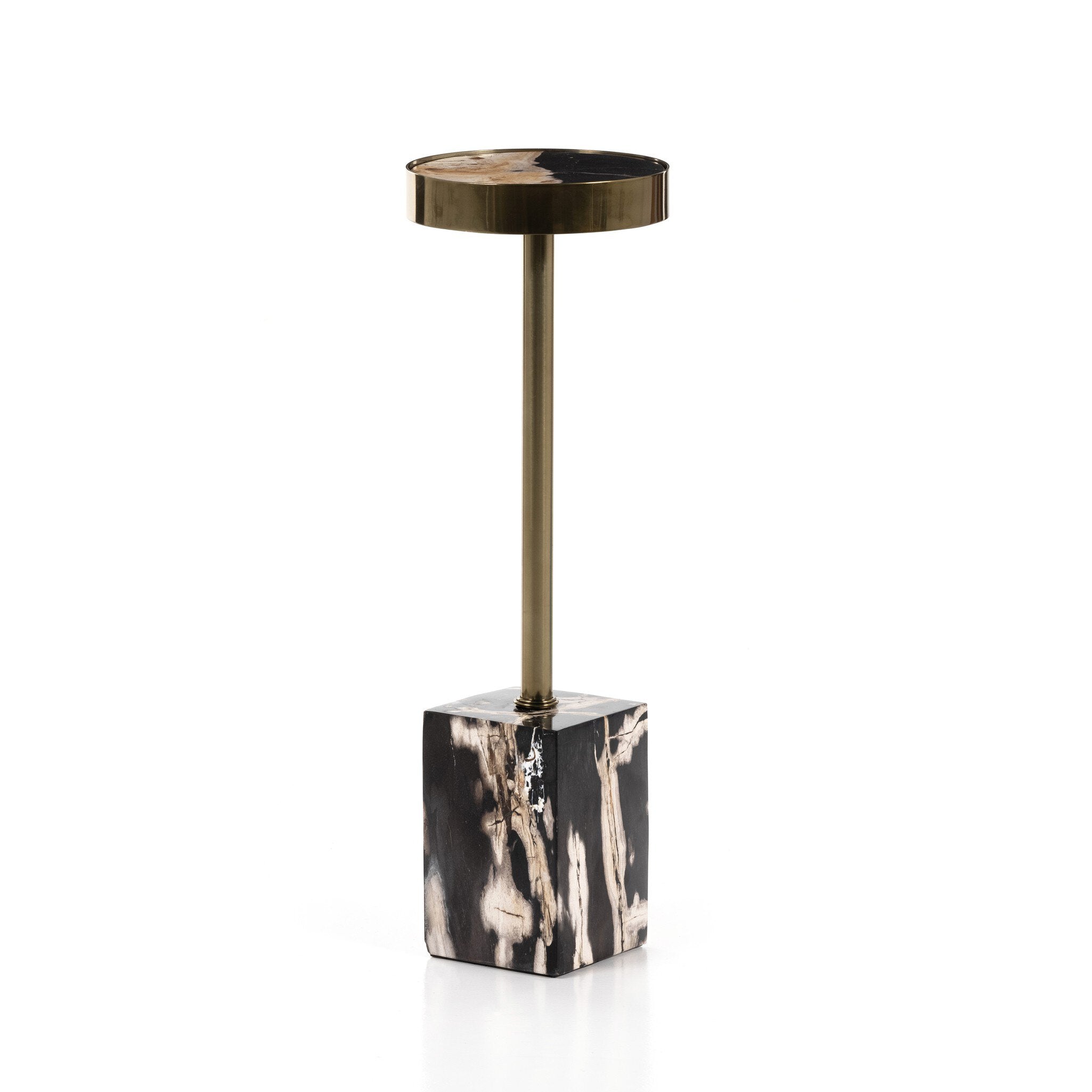 Four Hands Bevin End Table — Dark Petrified Wood-Shiny Brass