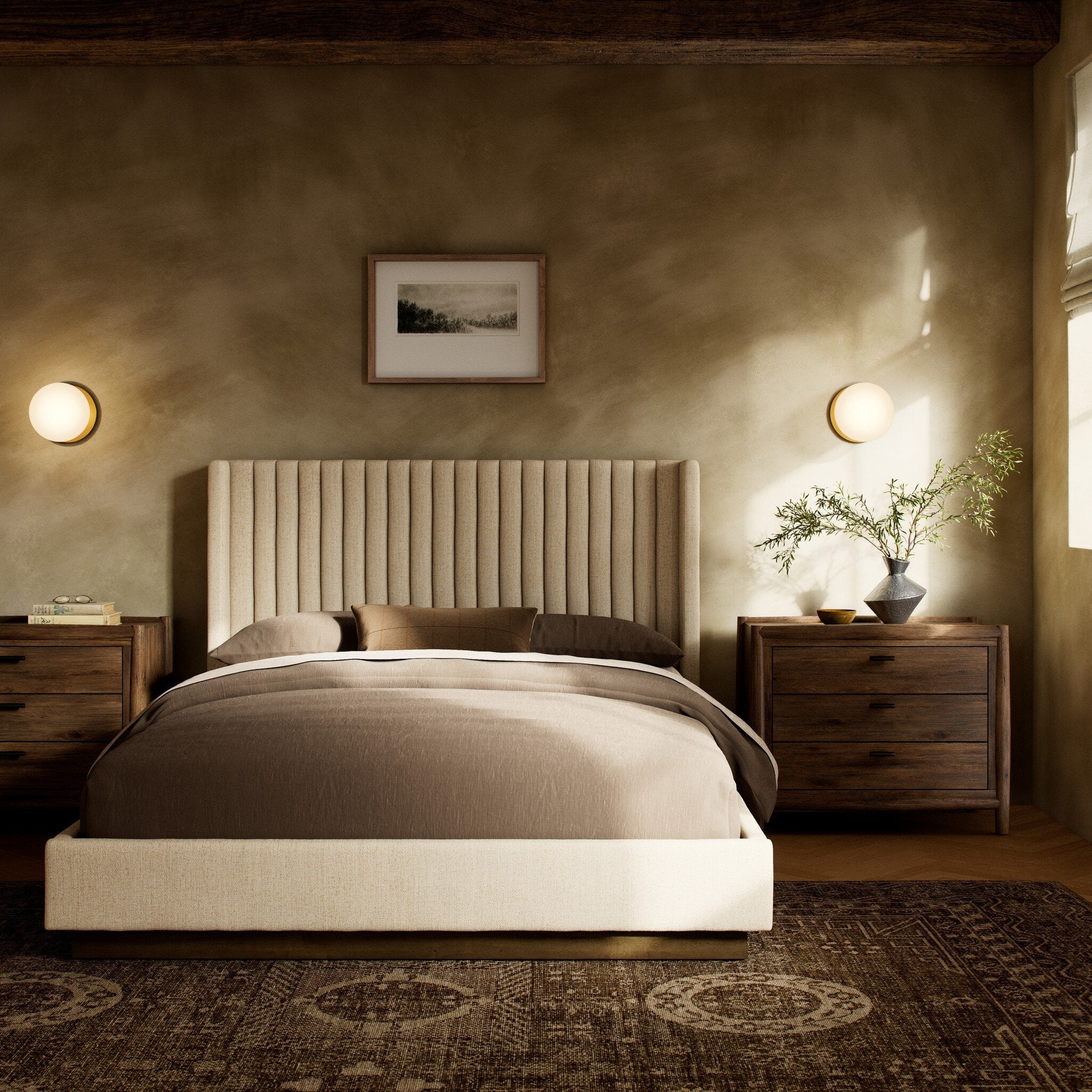 Four Hands Montgomery Bed — Thames Cream-Weathered Sepia-Queen