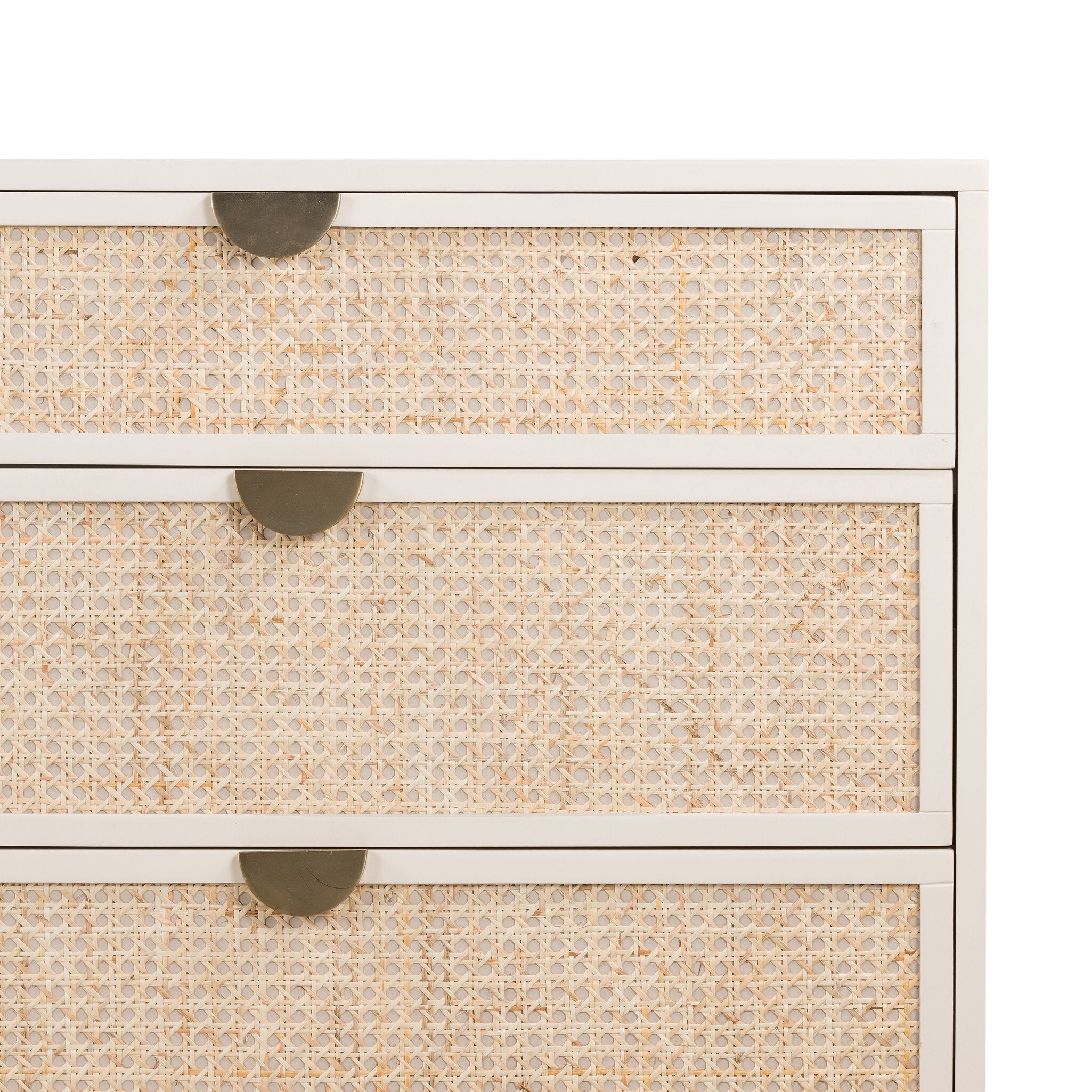 Four Hands Luella 6 Drawer Dresser — Matte Alabaster-Aged Brass-Light Natural Cane