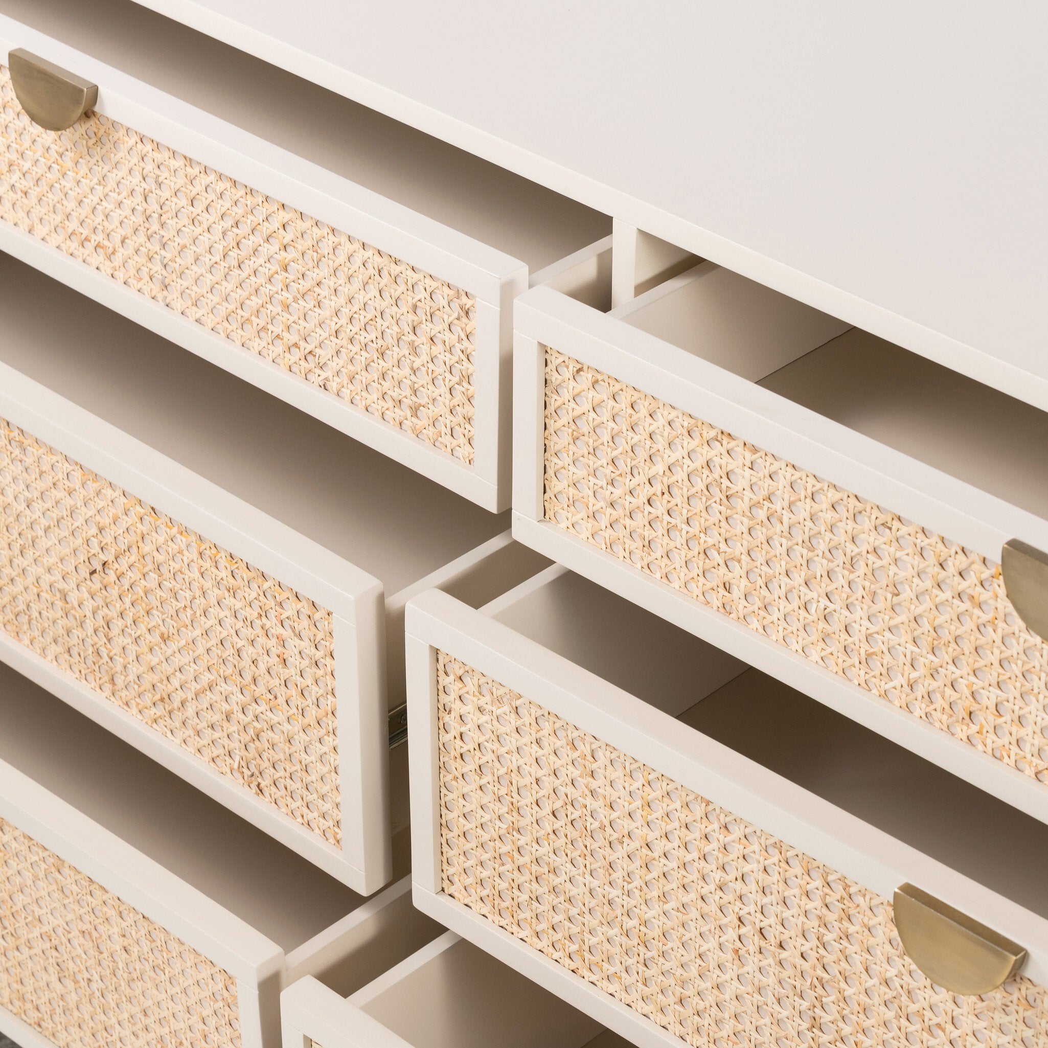 Four Hands Luella 6 Drawer Dresser — Matte Alabaster-Aged Brass-Light Natural Cane