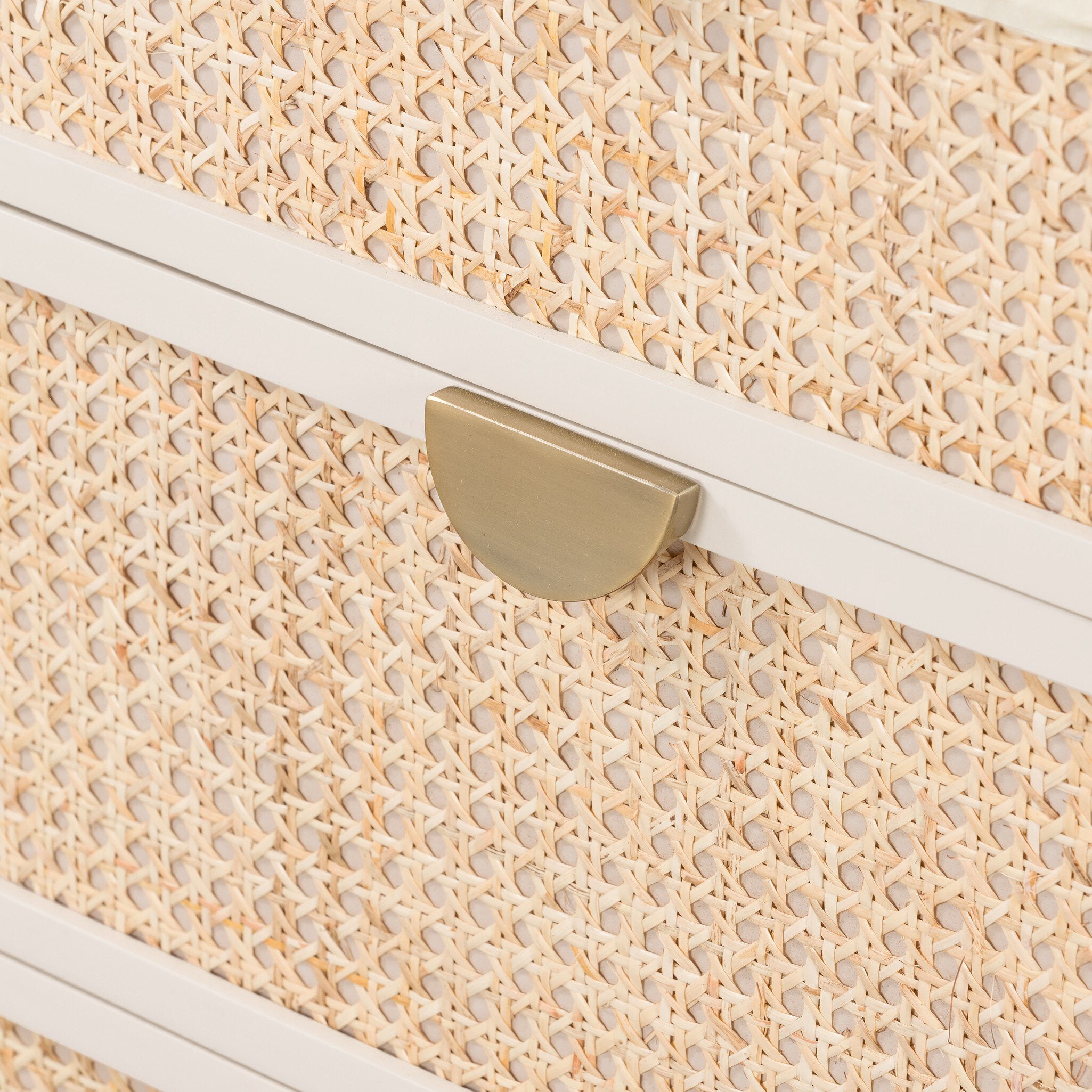 Four Hands Luella 6 Drawer Dresser — Matte Alabaster-Aged Brass-Light Natural Cane