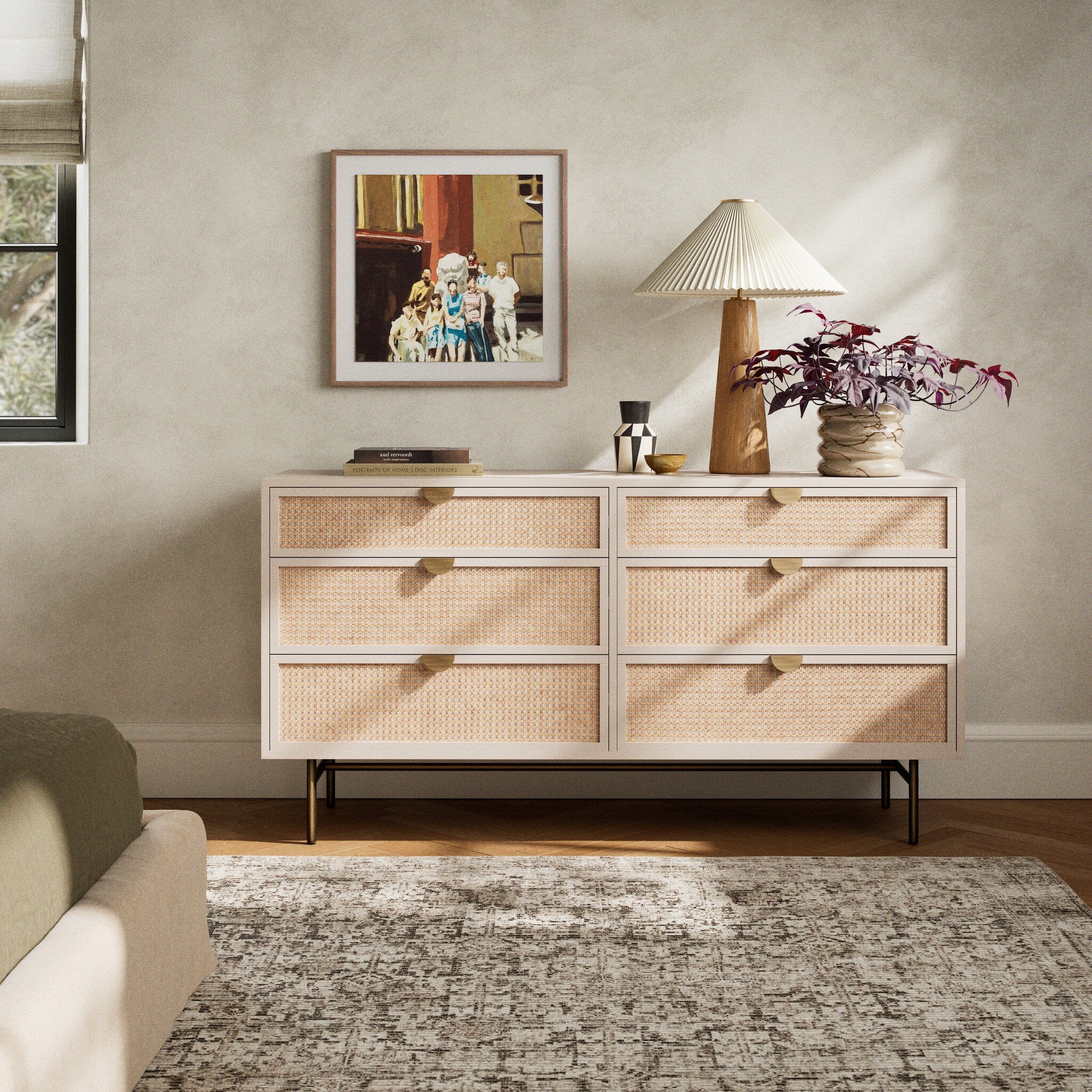 Four Hands Luella 6 Drawer Dresser — Matte Alabaster-Aged Brass-Light Natural Cane