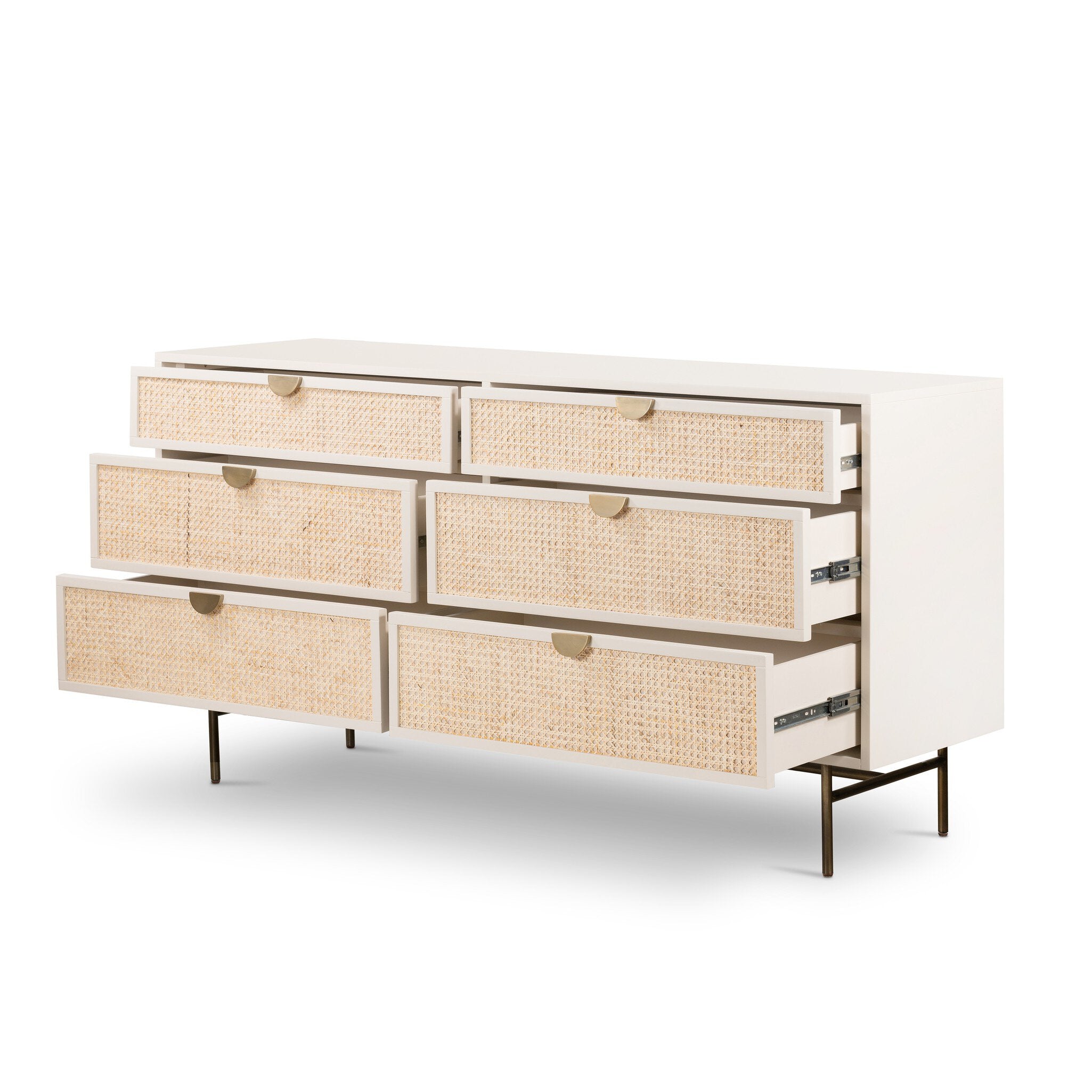 Four Hands Luella 6 Drawer Dresser — Matte Alabaster-Aged Brass-Light Natural Cane