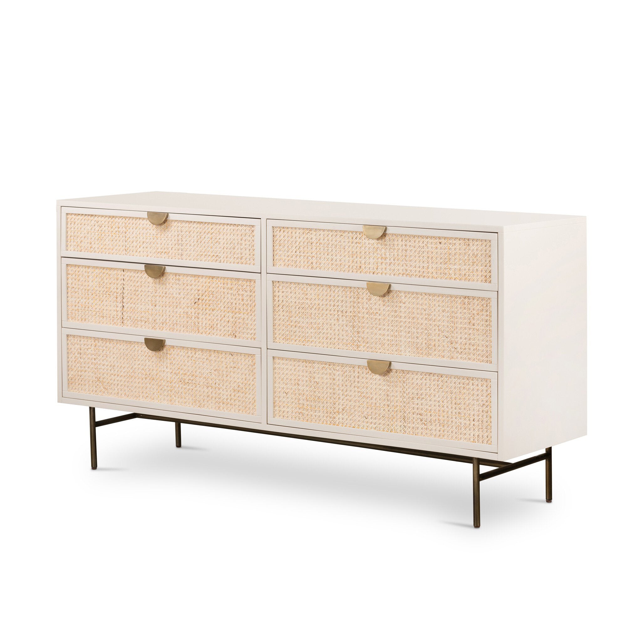 Four Hands Luella 6 Drawer Dresser — Matte Alabaster-Aged Brass-Light Natural Cane