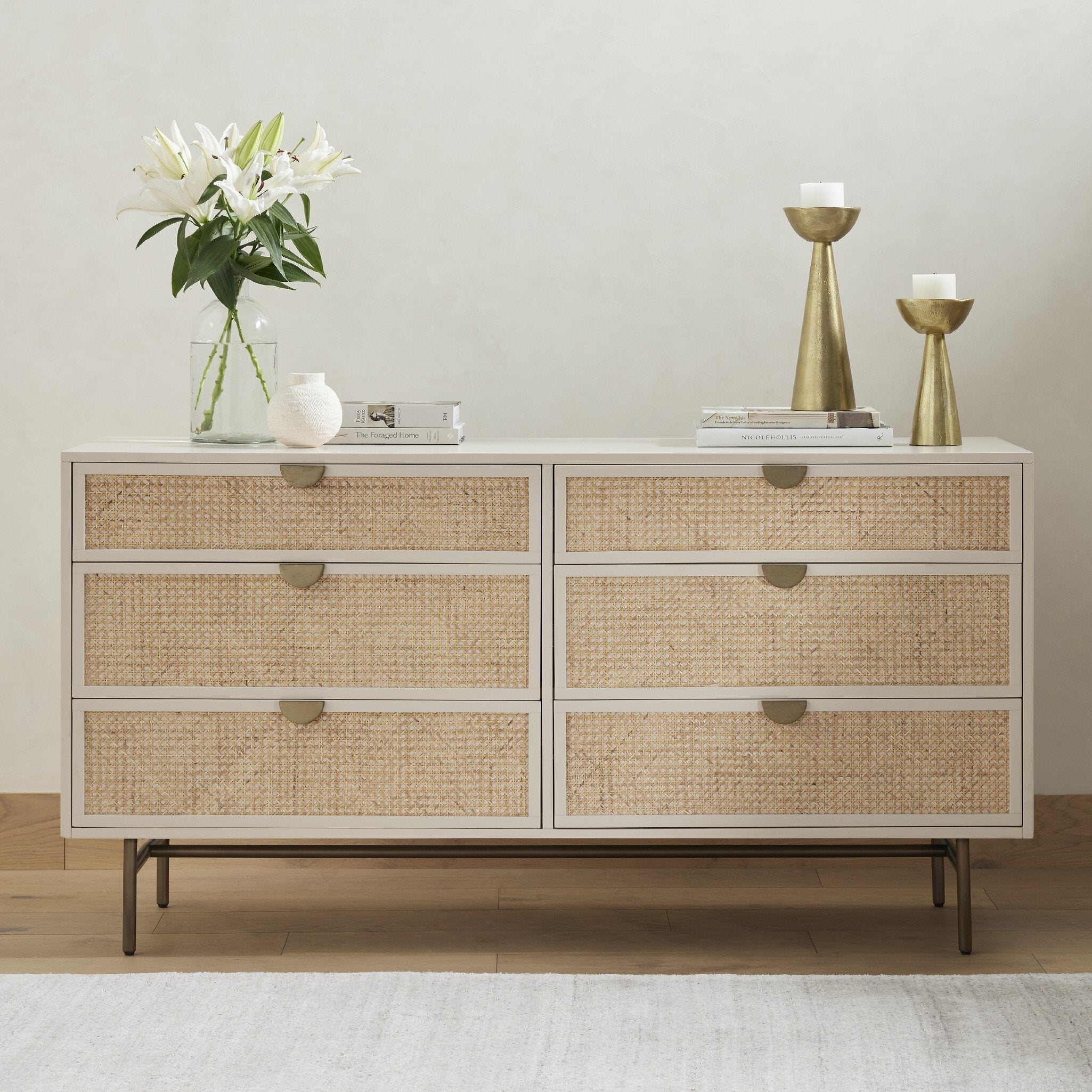 Four Hands Luella 6 Drawer Dresser — Matte Alabaster-Aged Brass-Light Natural Cane