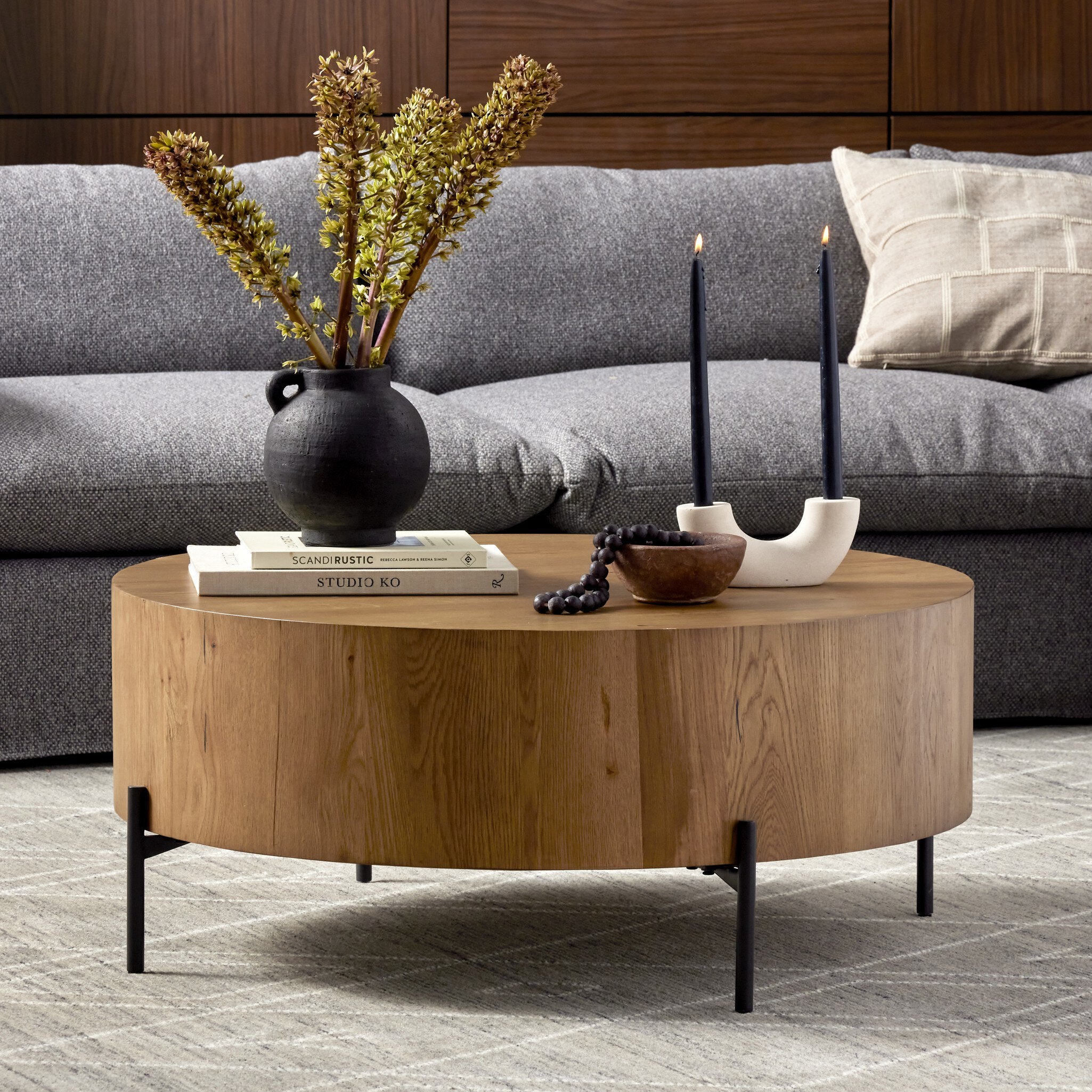 Four Hands Eaton Drum Coffee Table — Amber Oak Resin-Dark Gunmetal