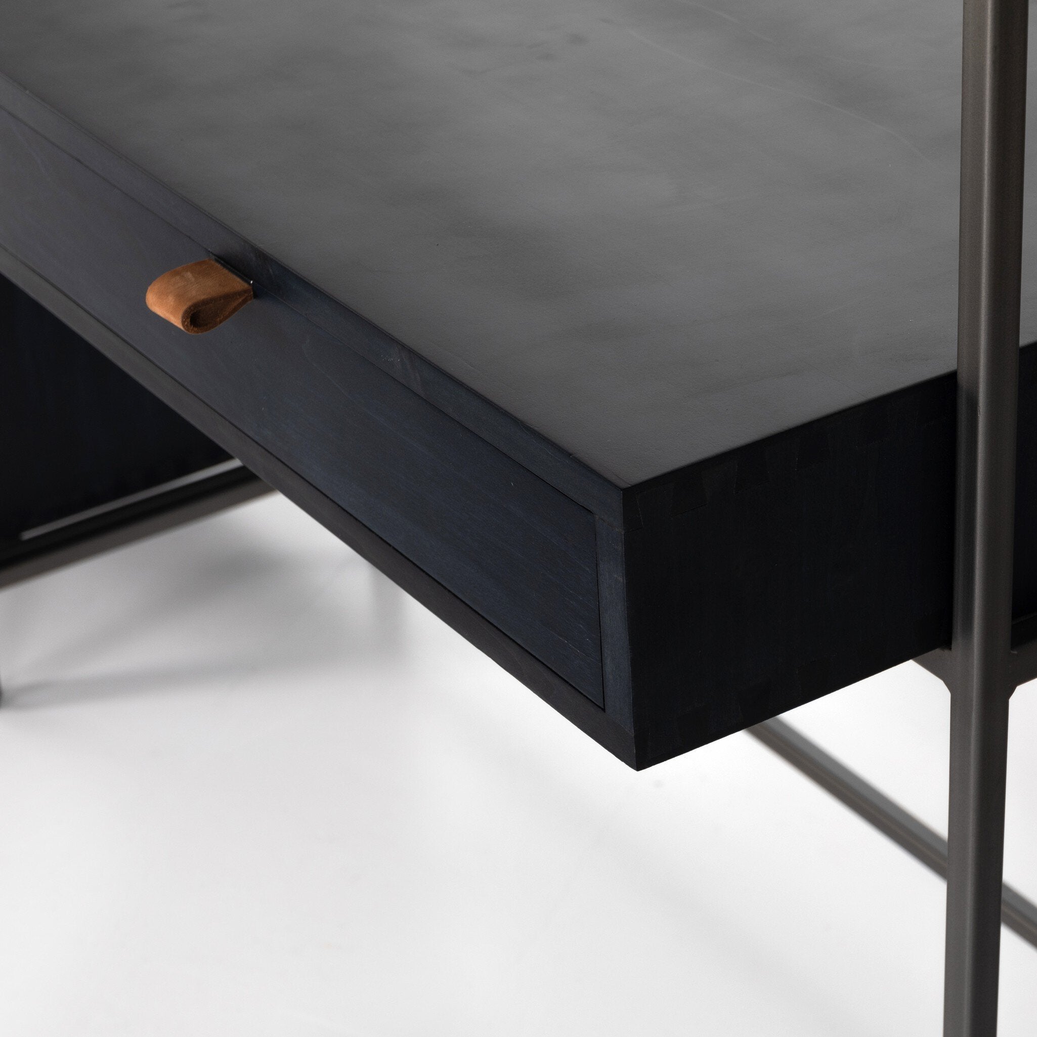 Four Hands Trey Modular Wall Desk With 2 Bookcases — Black Wash Poplar-Natural Iron-Toffee Leather
