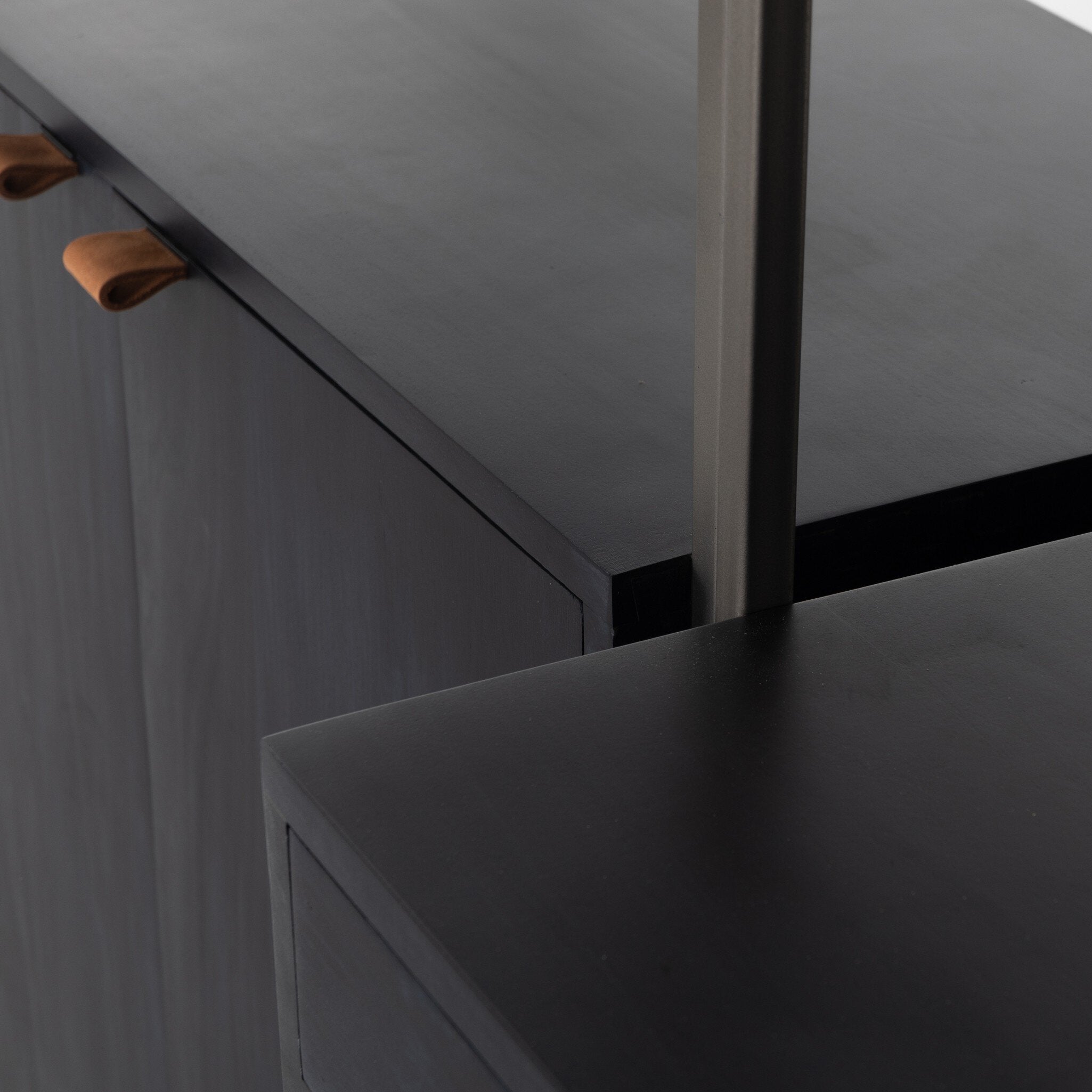 Four Hands Trey Modular Wall Desk With 2 Bookcases — Black Wash Poplar-Natural Iron-Toffee Leather