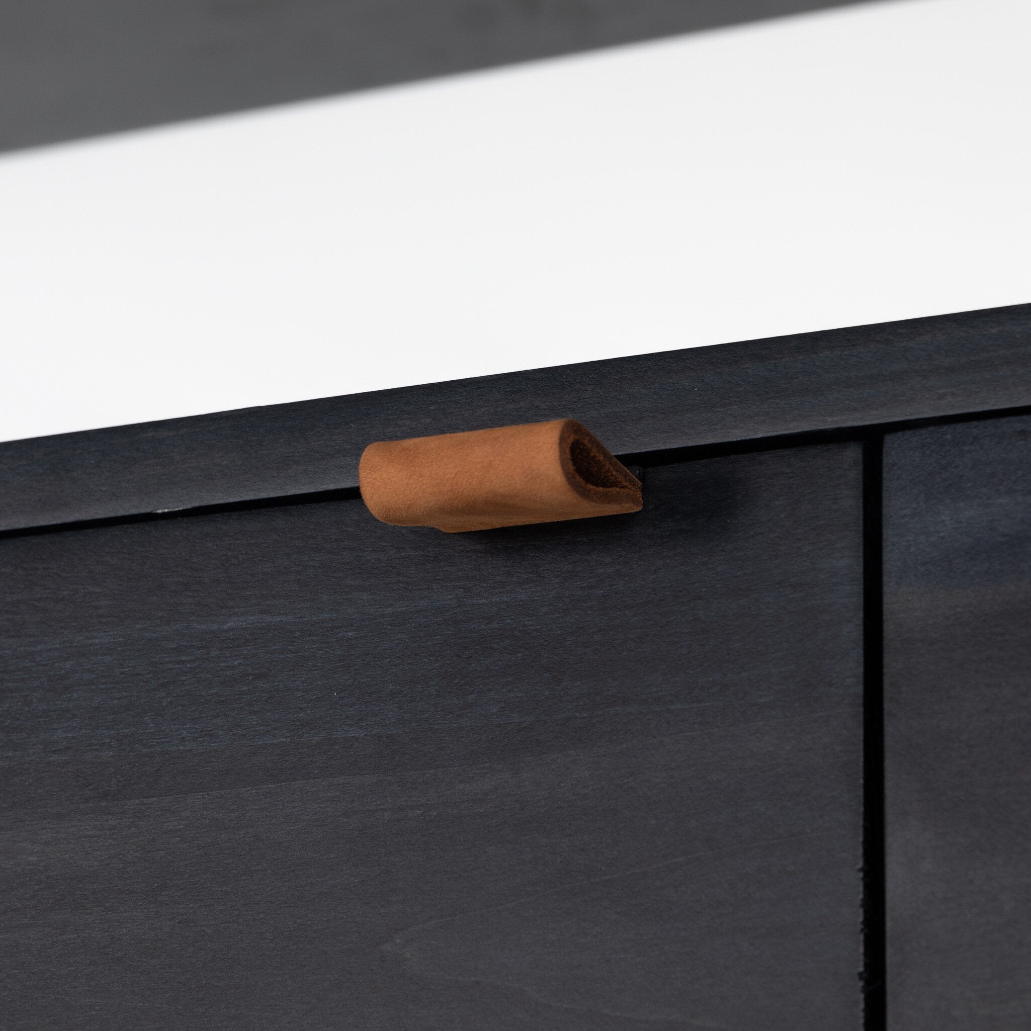 Four Hands Trey Modular Wall Desk With 2 Bookcases — Black Wash Poplar-Natural Iron-Toffee Leather