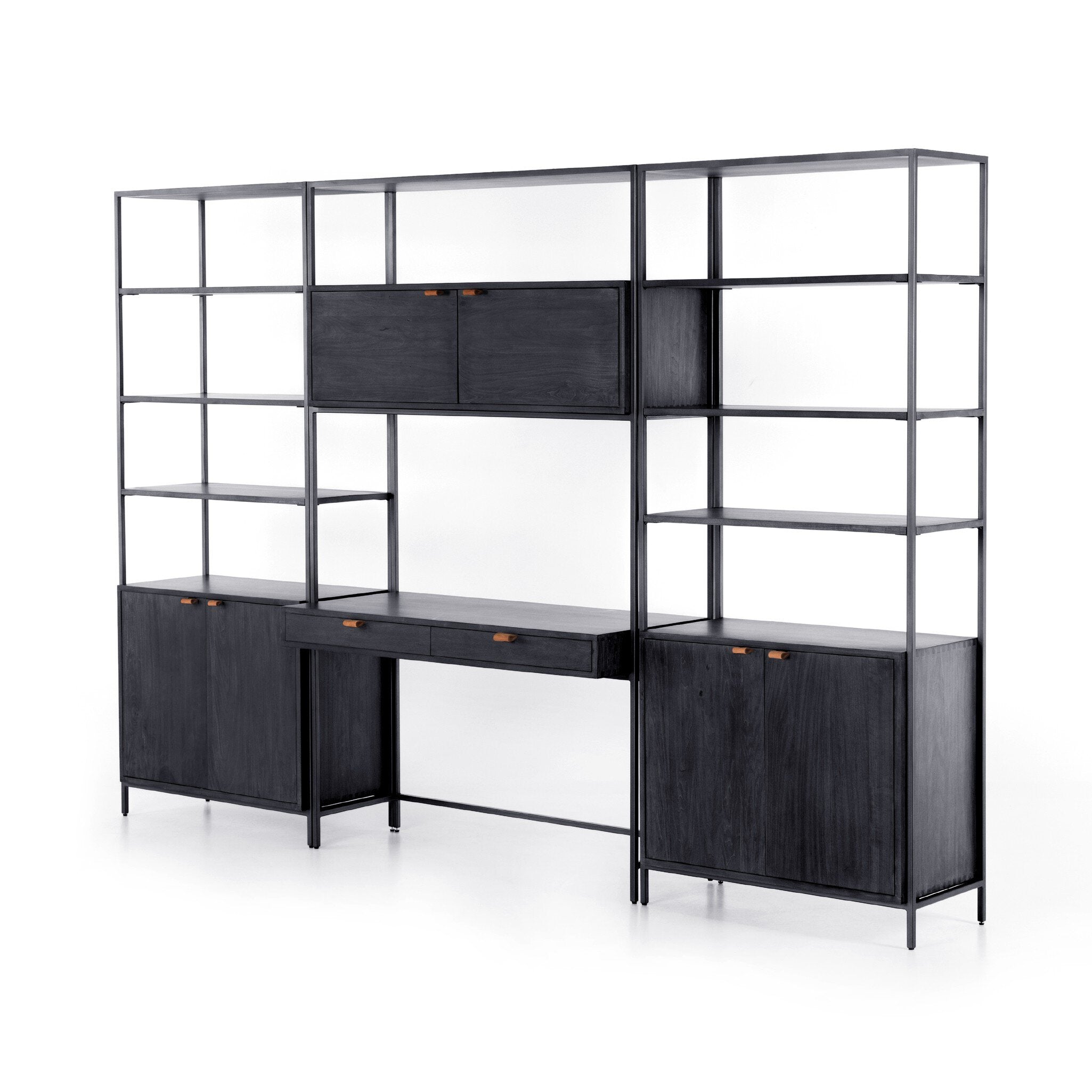 Four Hands Trey Modular Wall Desk With 2 Bookcases — Black Wash Poplar-Natural Iron-Toffee Leather