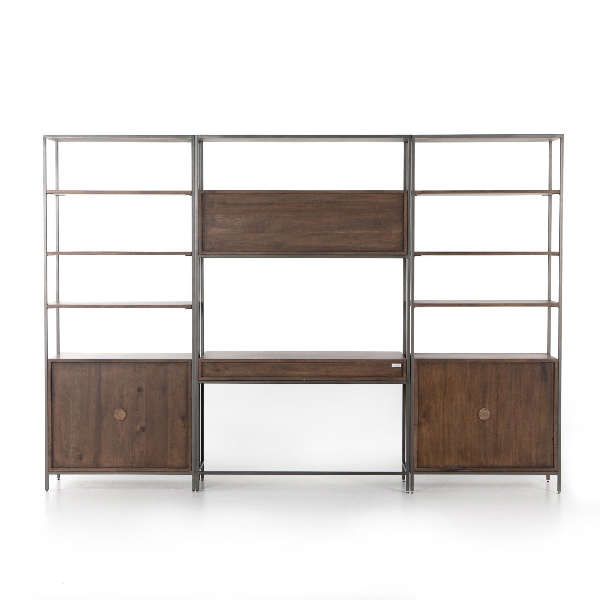 Four Hands Trey Modular Wall Desk With 2 Bookcases — Auburn Poplar-Natural Iron-Black Leather
