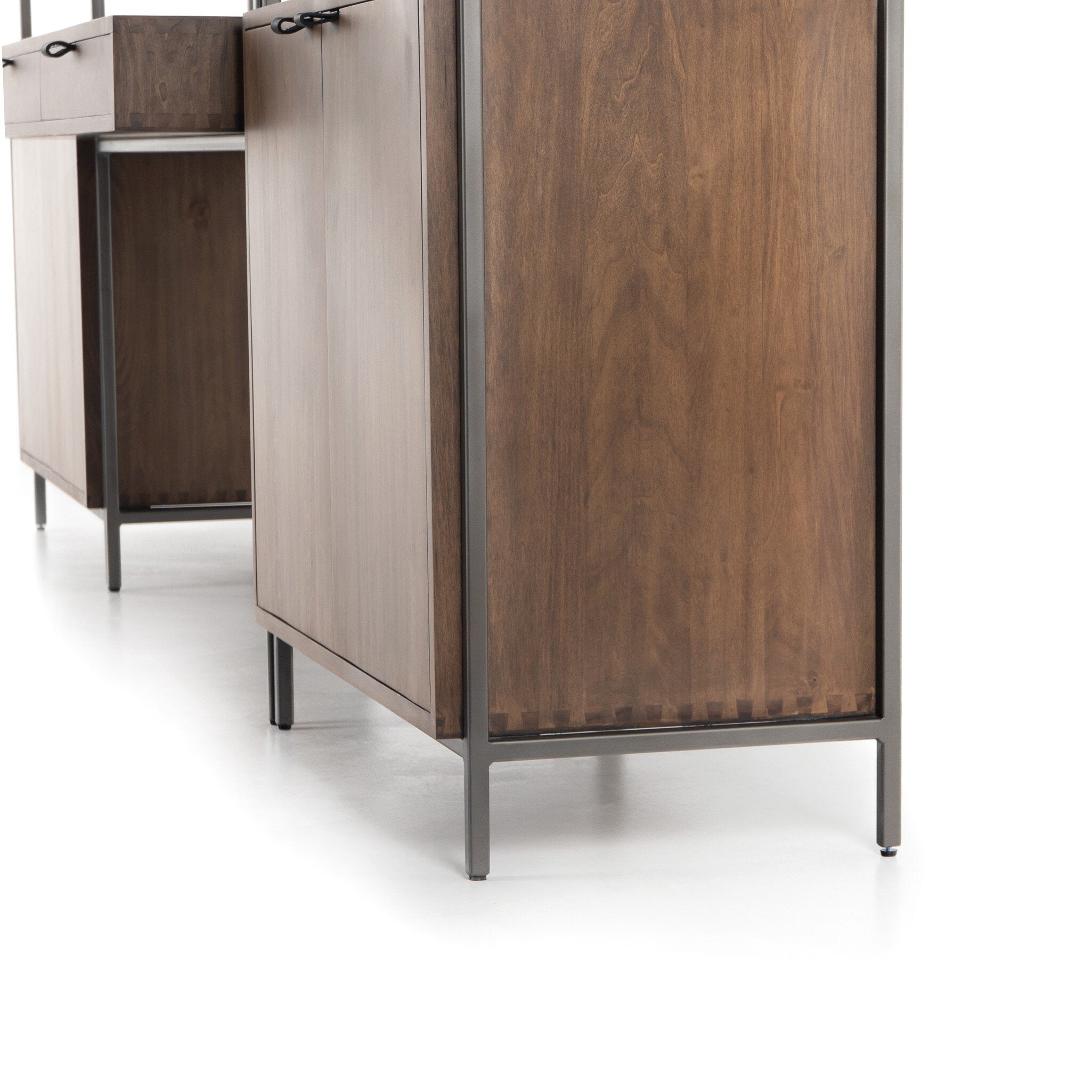 Four Hands Trey Modular Wall Desk With 2 Bookcases — Auburn Poplar-Natural Iron-Black Leather