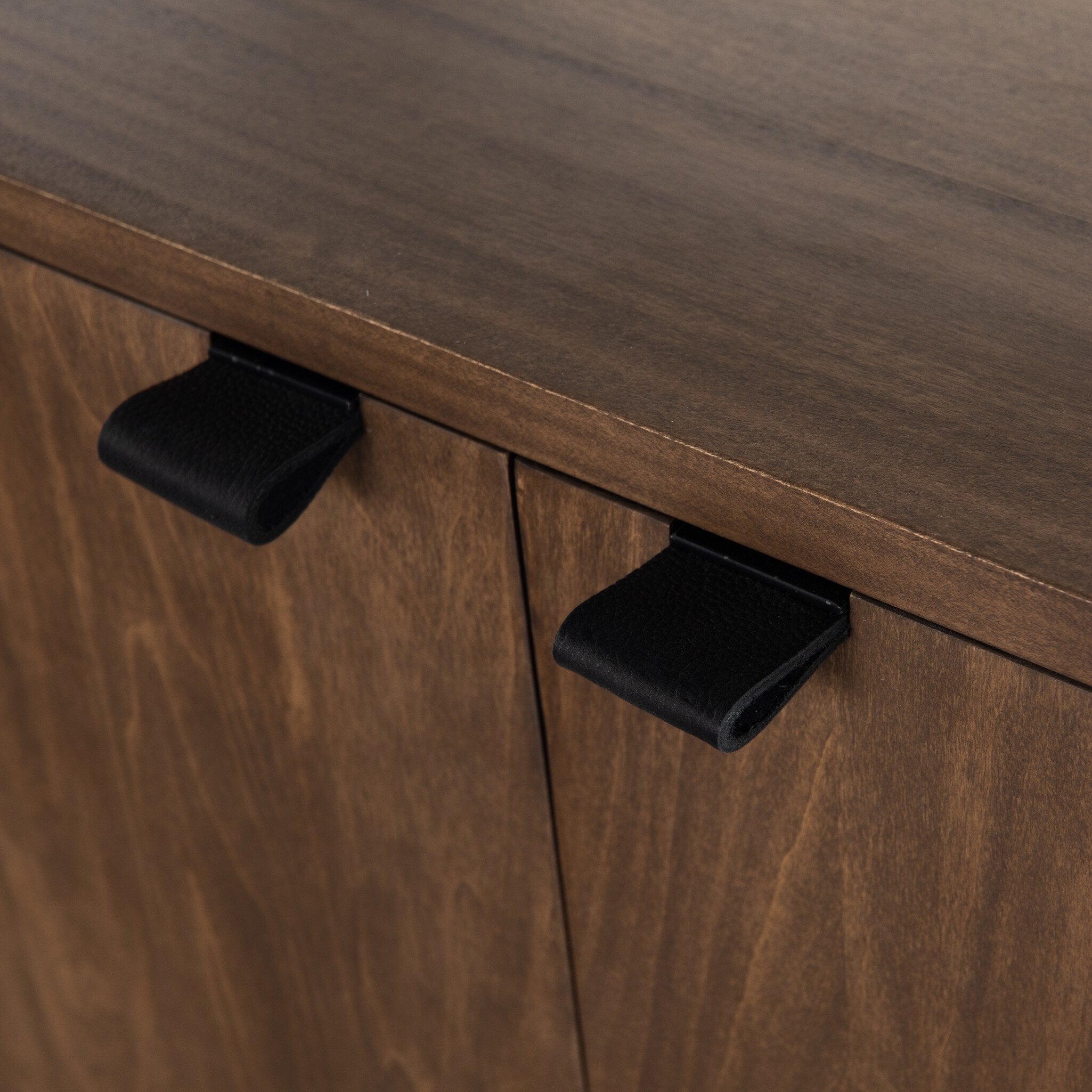 Four Hands Trey Modular Wall Desk With 2 Bookcases — Auburn Poplar-Natural Iron-Black Leather