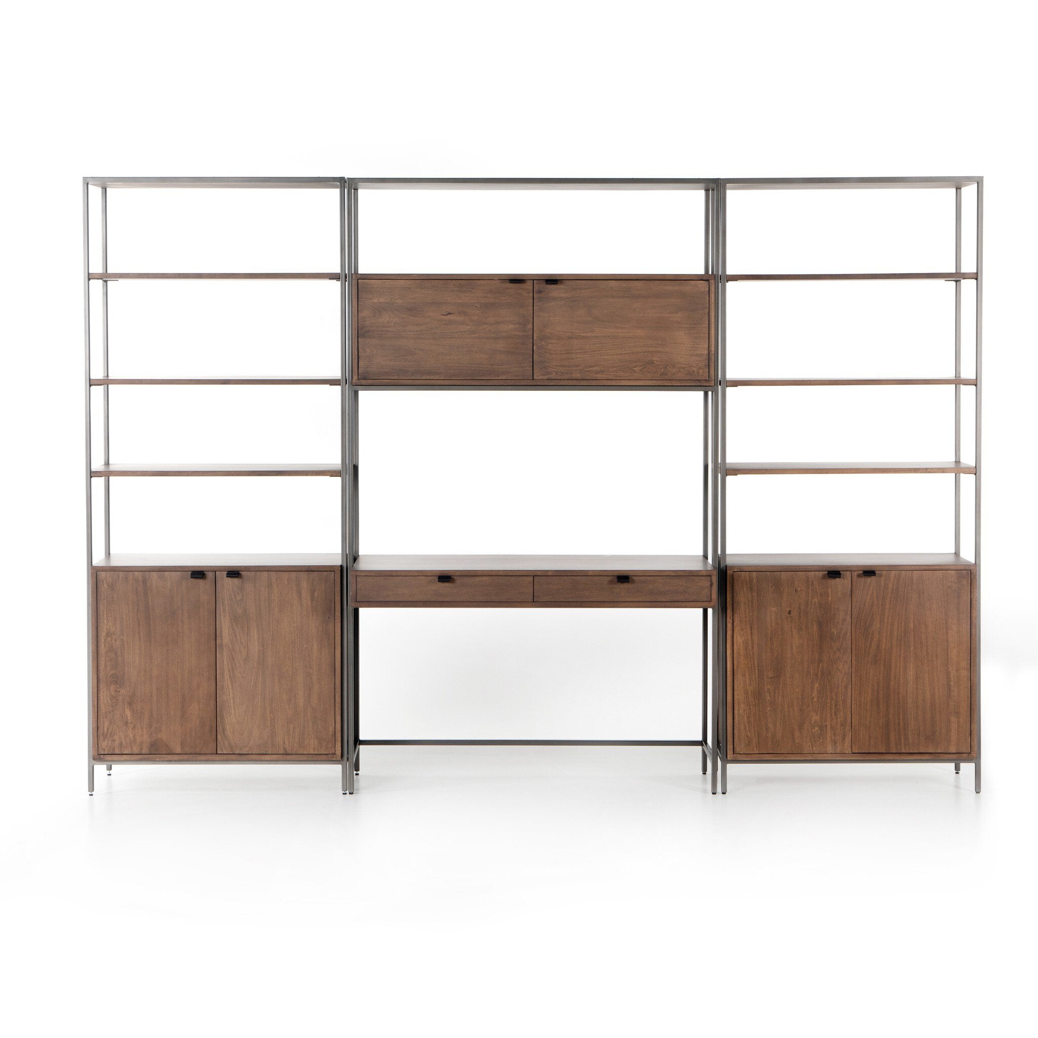 Four Hands Trey Modular Wall Desk With 2 Bookcases — Auburn Poplar-Natural Iron-Black Leather
