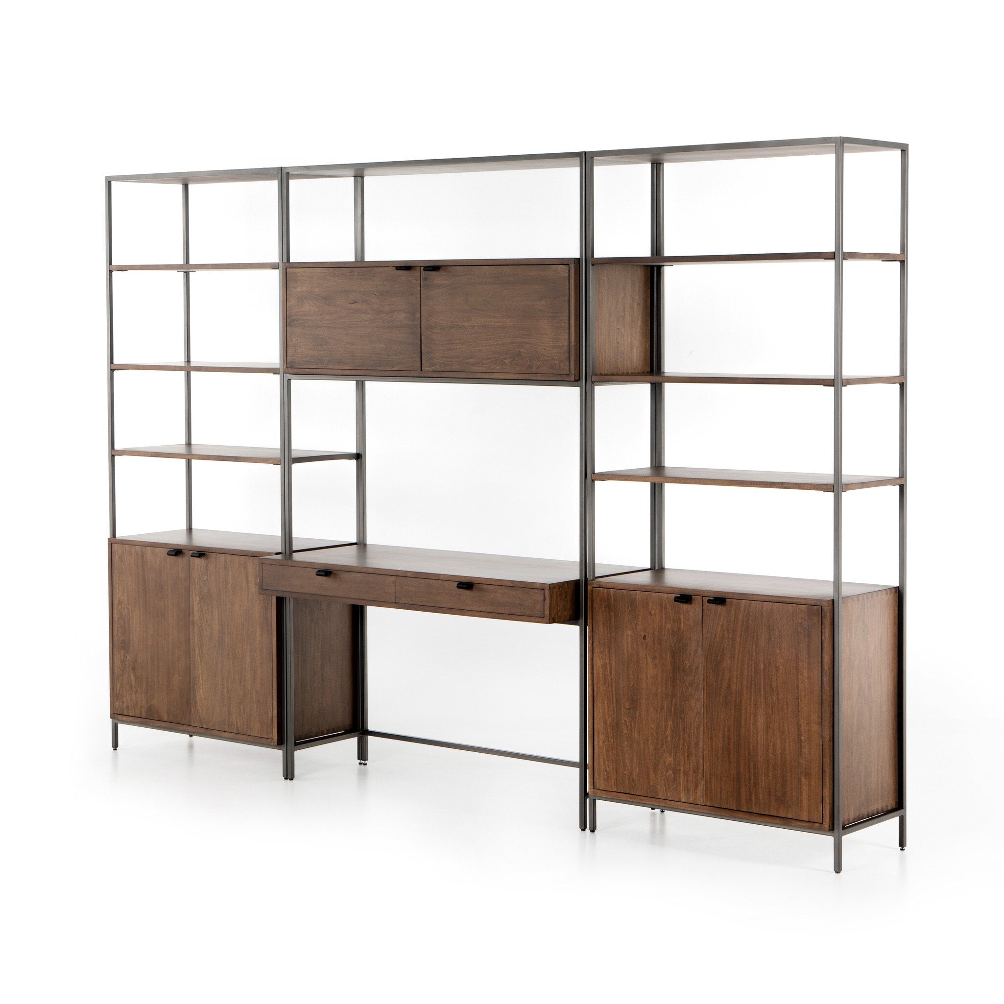 Four Hands Trey Modular Wall Desk With 2 Bookcases — Auburn Poplar-Natural Iron-Black Leather