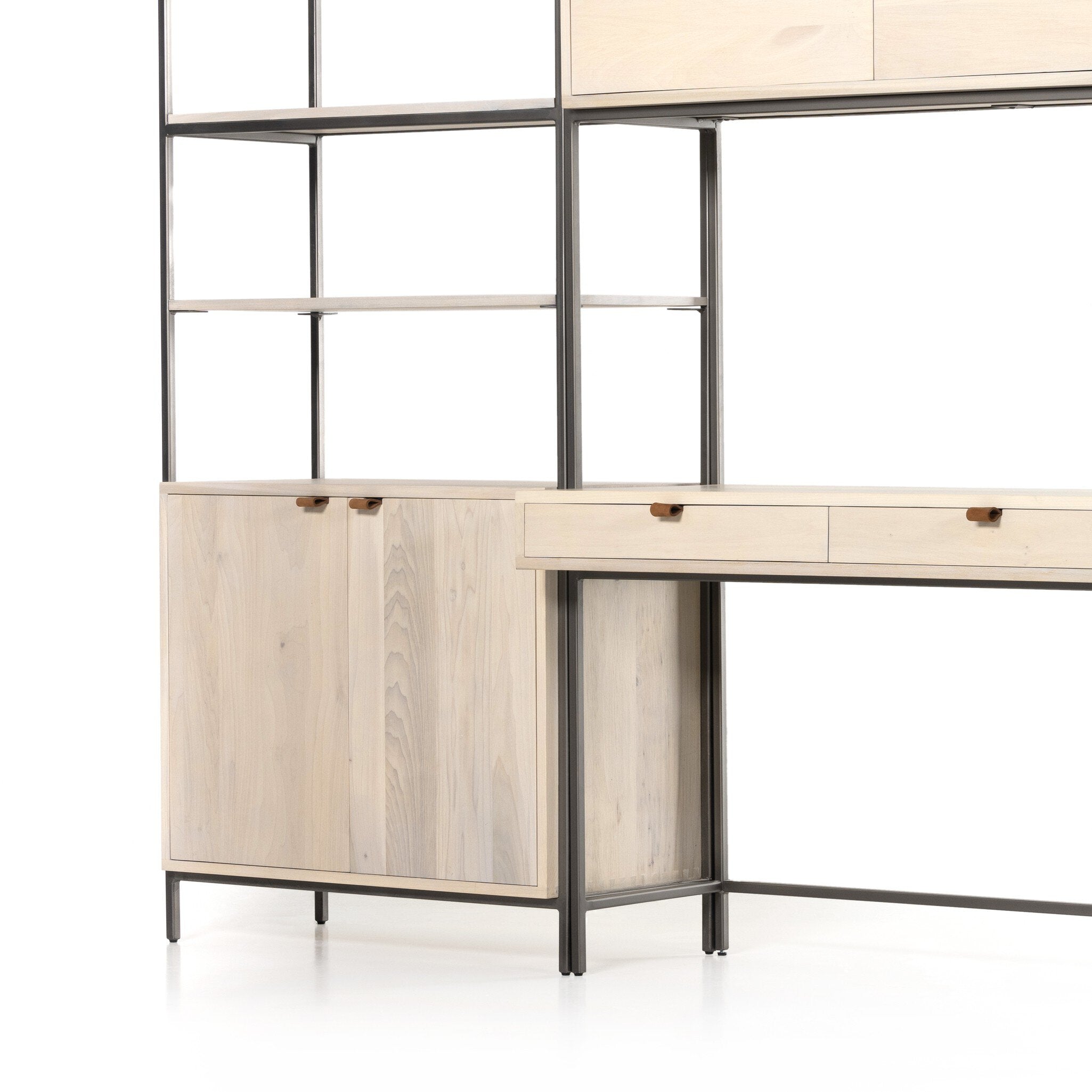 Four Hands Trey Modular Wall Desk With 2 Bookcases — Dove Poplar-Natural Iron-Toffee Leather