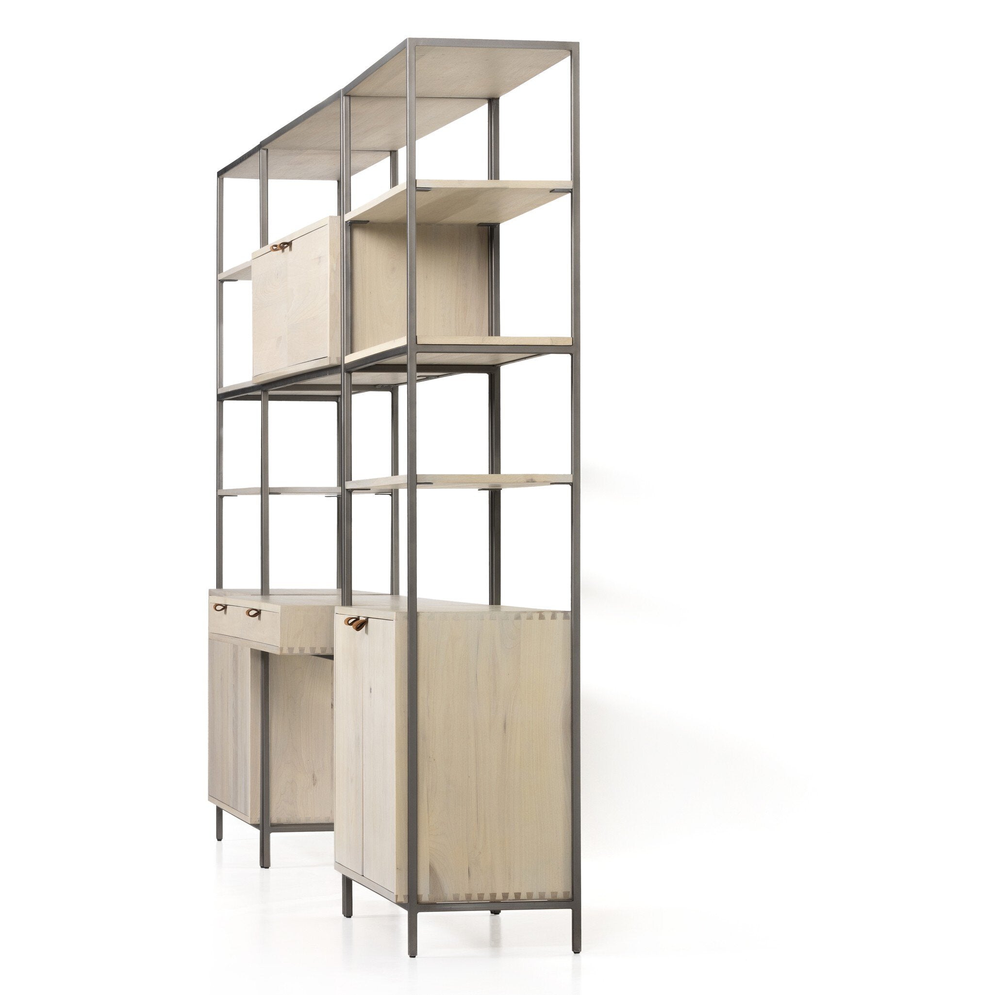 Four Hands Trey Modular Wall Desk With 2 Bookcases — Dove Poplar-Natural Iron-Toffee Leather