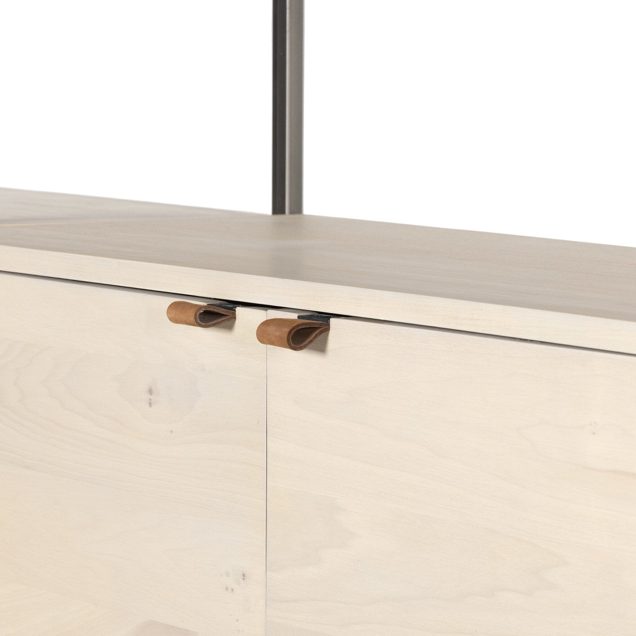 Four Hands Trey Modular Wall Desk With 2 Bookcases — Dove Poplar-Natural Iron-Toffee Leather
