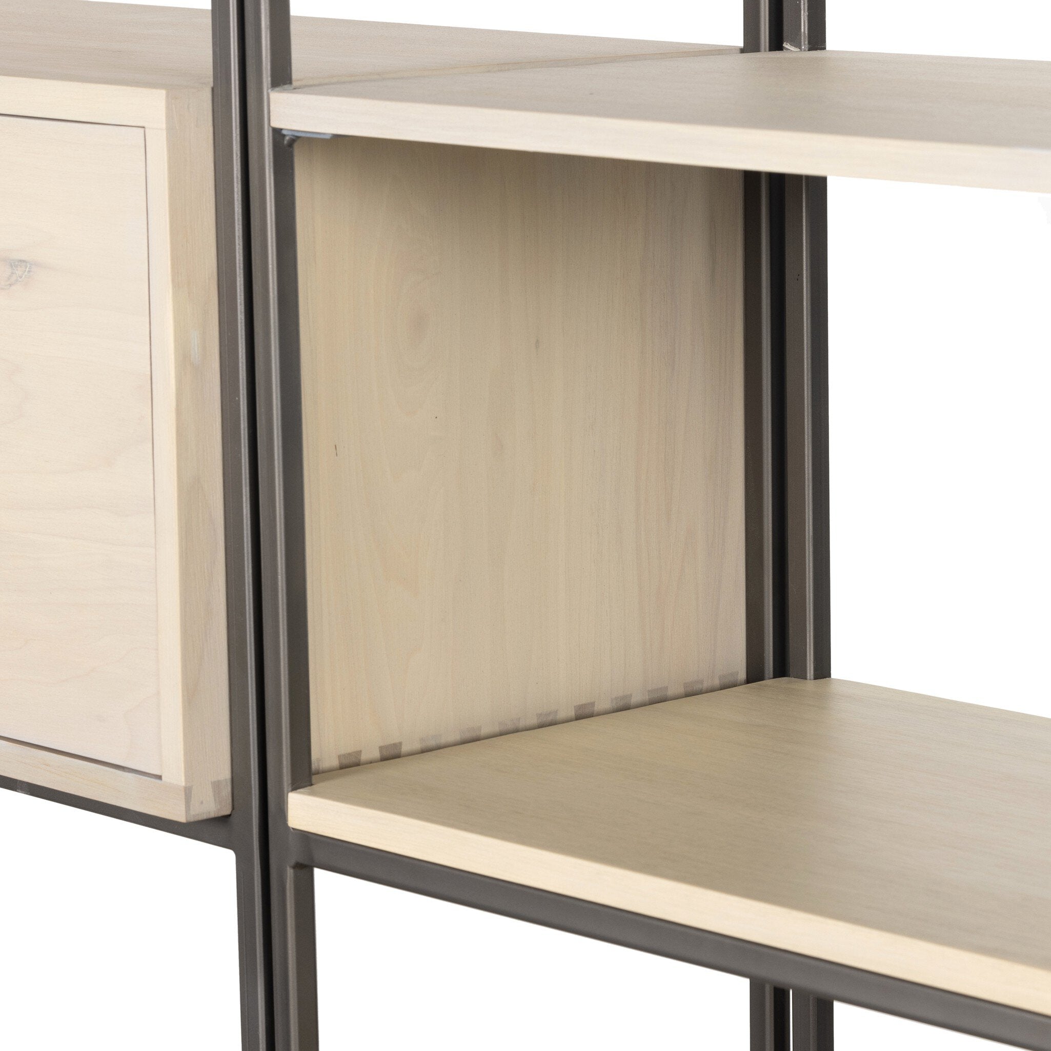 Four Hands Trey Modular Wall Desk With 2 Bookcases — Dove Poplar-Natural Iron-Toffee Leather