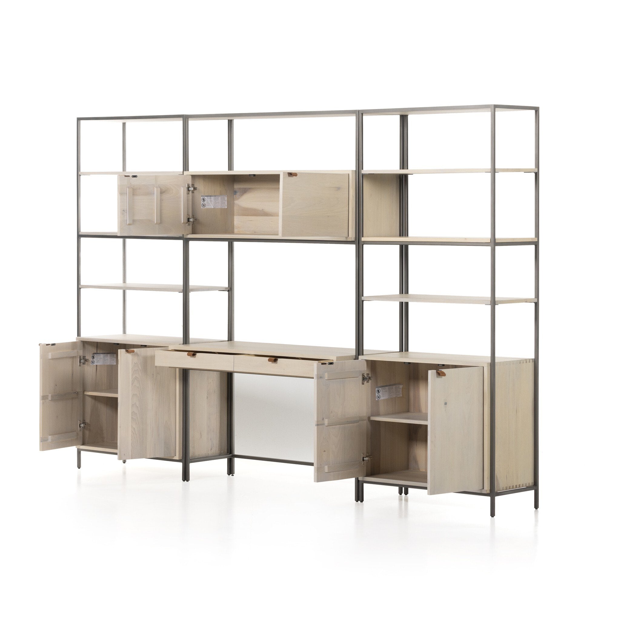 Four Hands Trey Modular Wall Desk With 2 Bookcases — Dove Poplar-Natural Iron-Toffee Leather