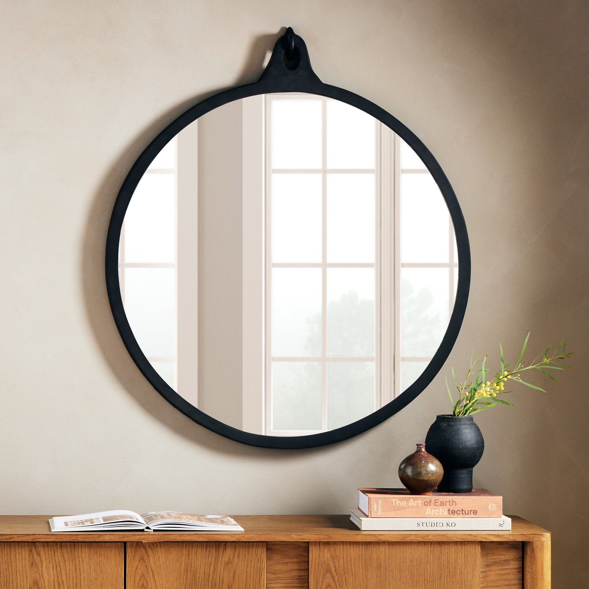 Four Hands Hyde Round Mirror — Black Aluminum