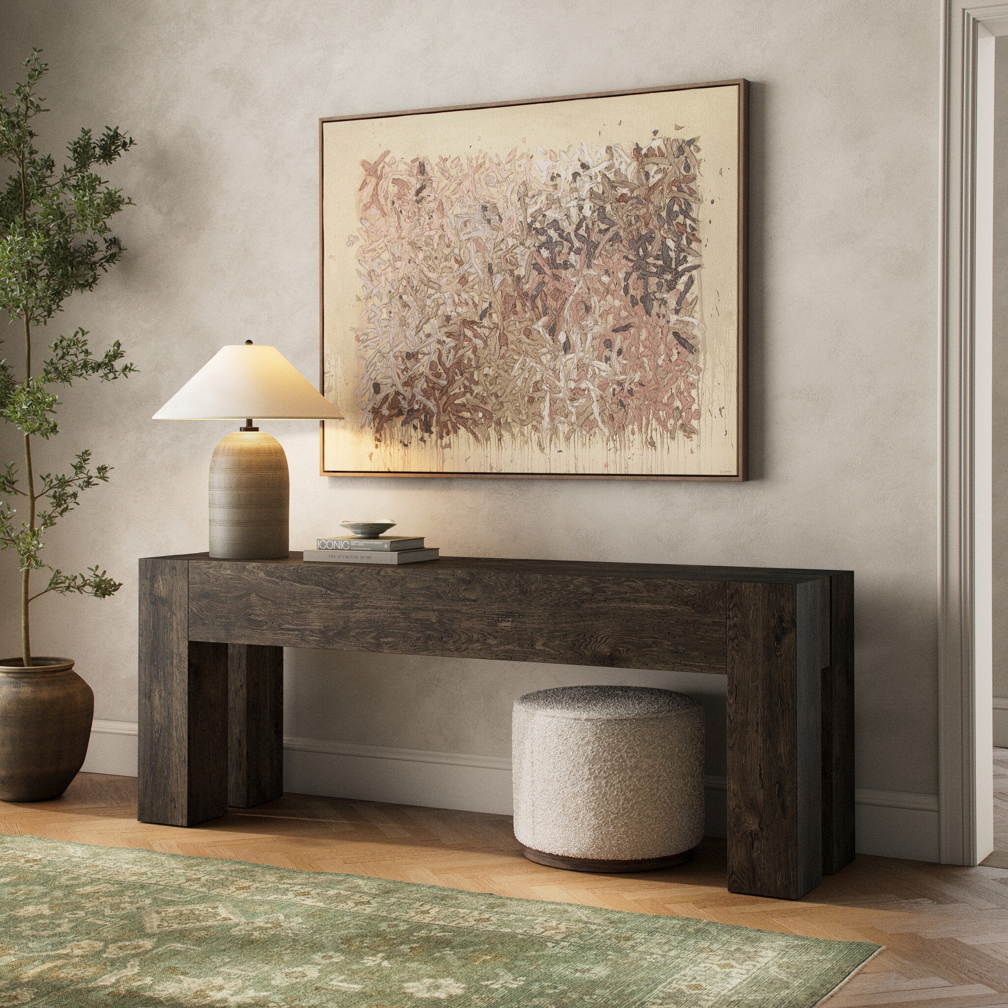 Four Hands Abaso Console Table — Ebony Rustic Wormwood Oak