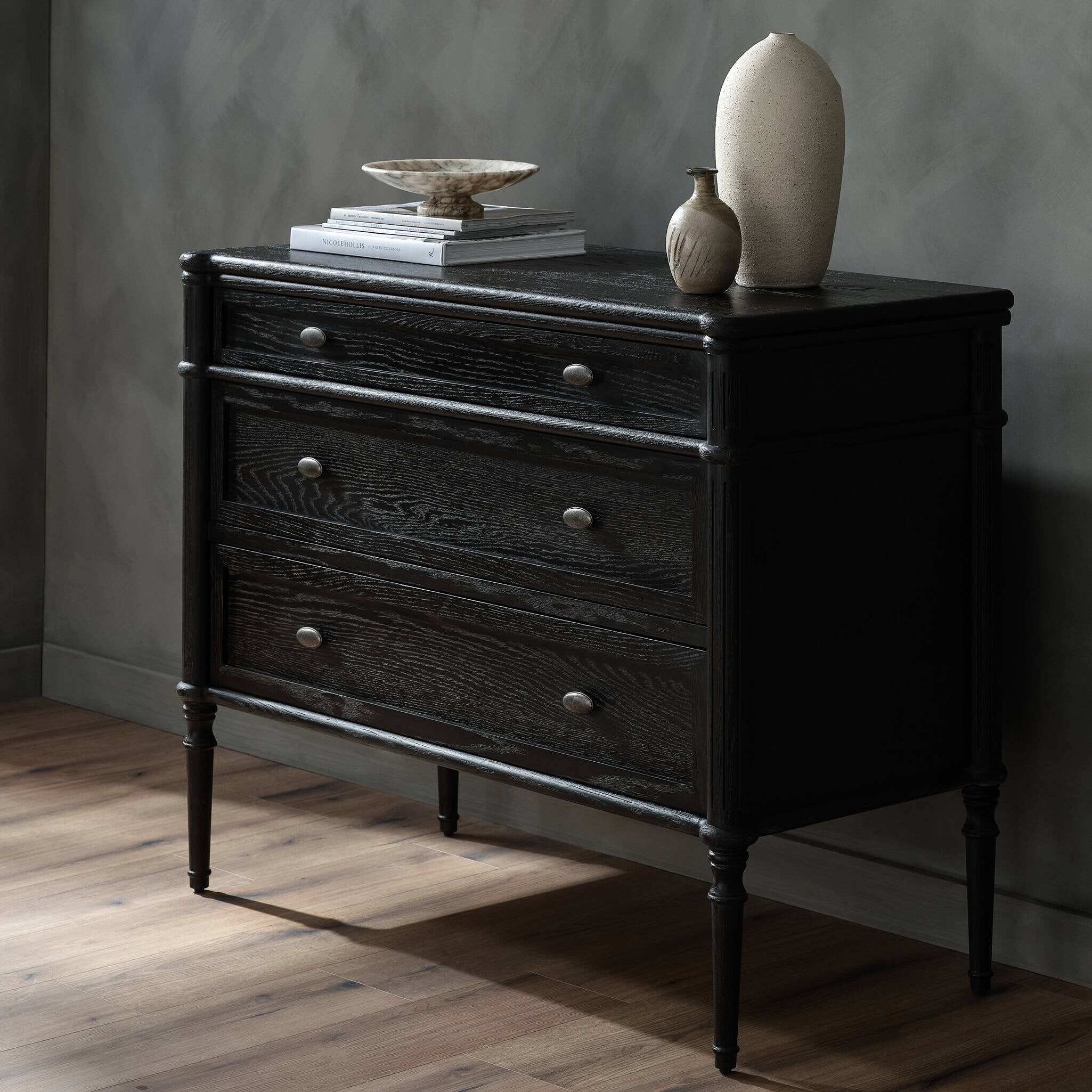 Four Hands Toulouse Chest — Distressed Black-Distressed Black Oak-Aged Brass