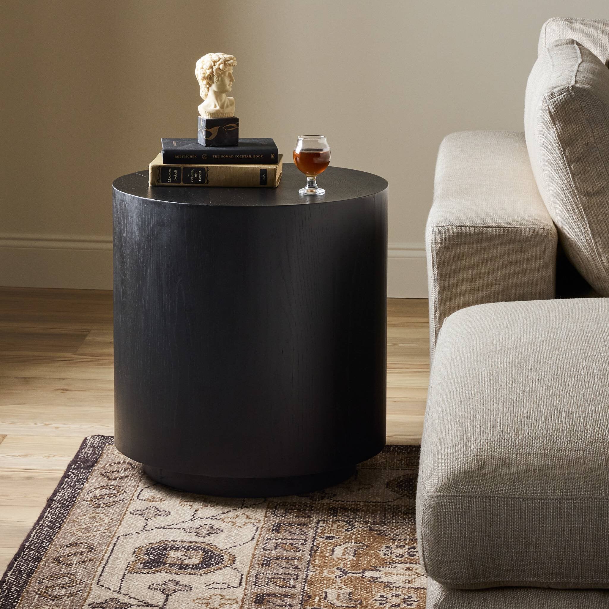 Four Hands Humphrey Round End Table — Coal on Oak-Coal on Oak Veneer