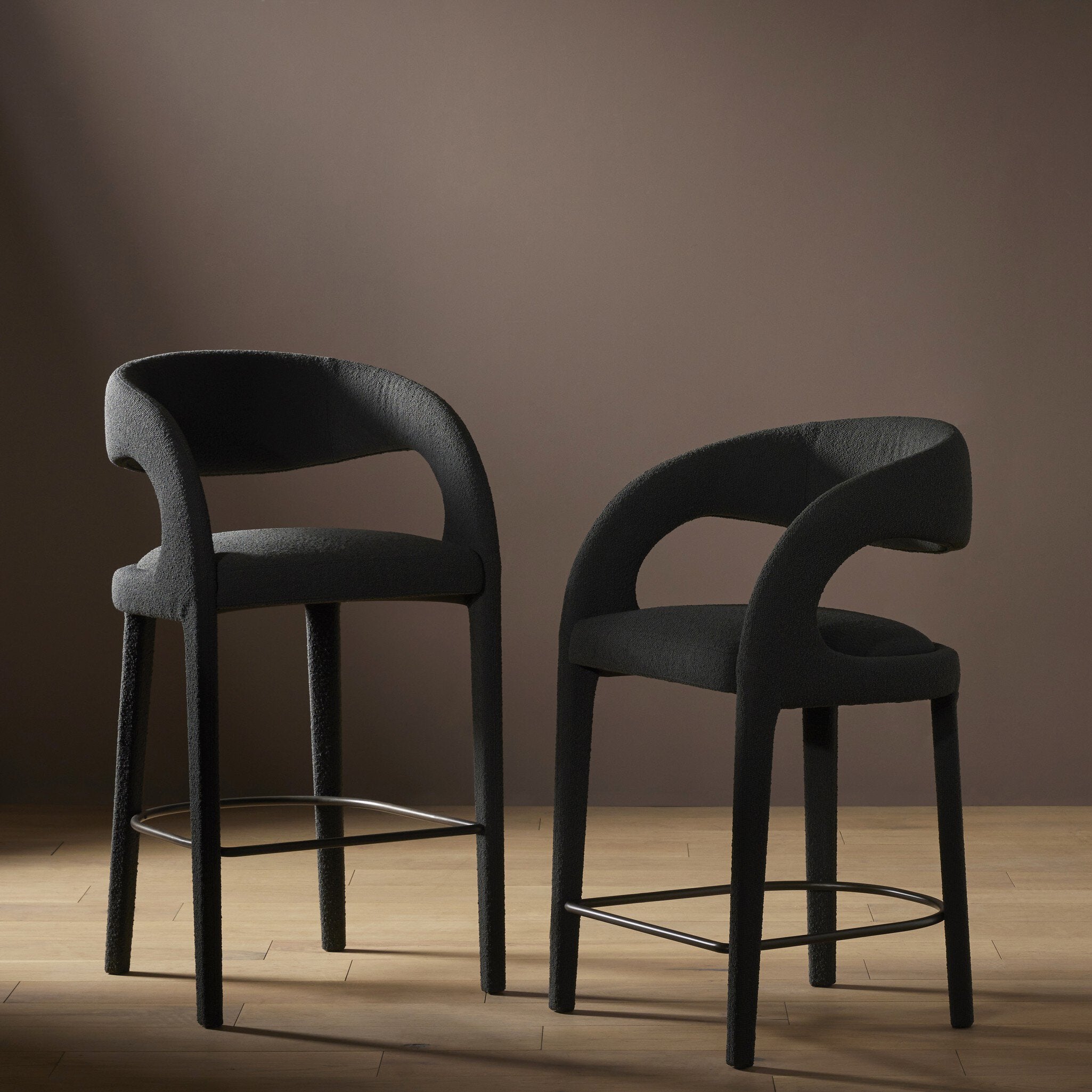 Four Hands Hawkins Bar + Counter Stool — FIQA Boucle Charcoal-Gunmetal-Counter