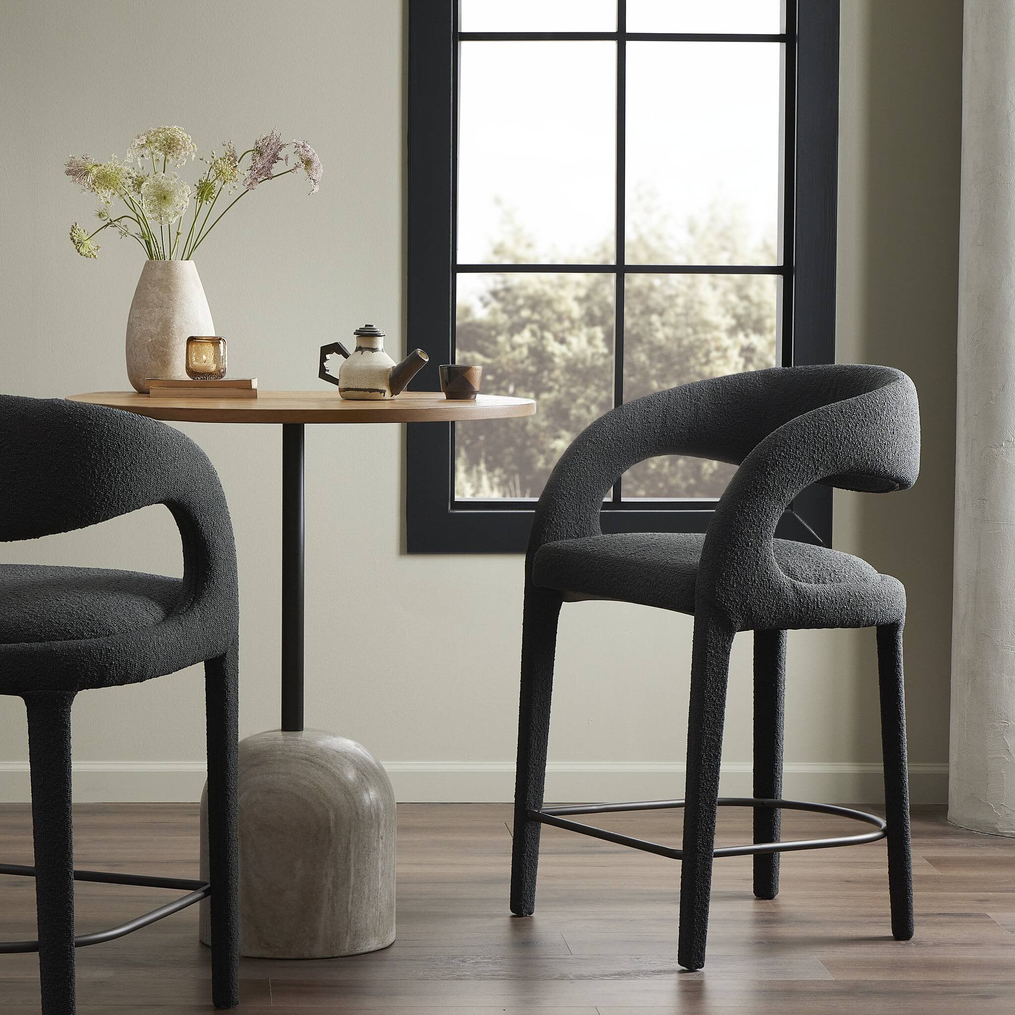 Four Hands Hawkins Bar + Counter Stool — FIQA Boucle Charcoal-Gunmetal-Counter