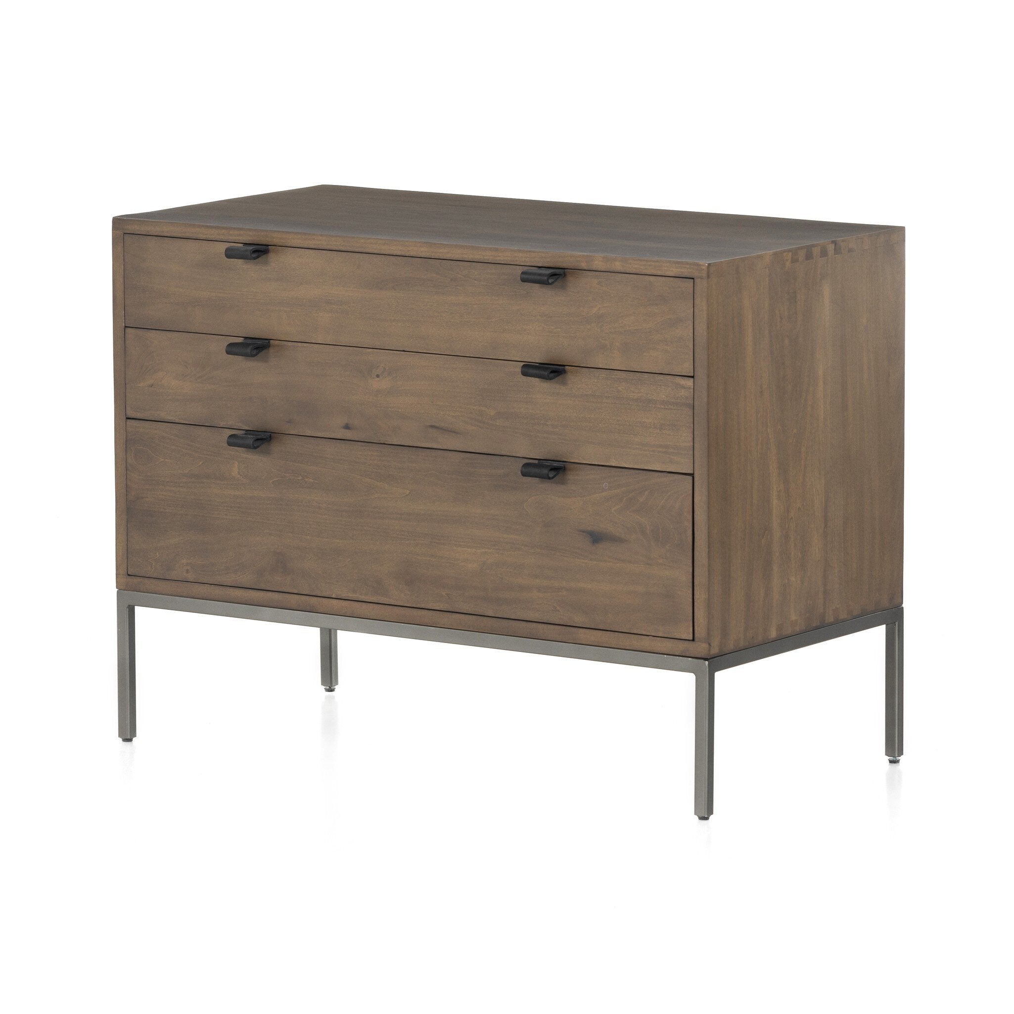 Four Hands Trey Large Nightstand — Auburn Poplar-Natural Iron-Black Leather