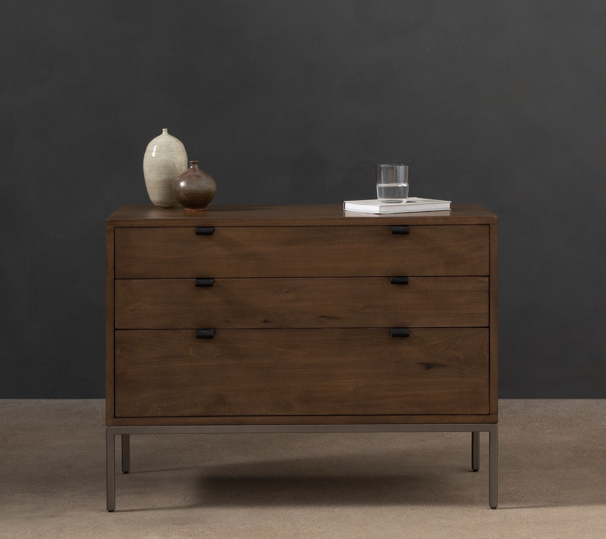 Four Hands Trey Large Nightstand — Auburn Poplar-Natural Iron-Black Leather
