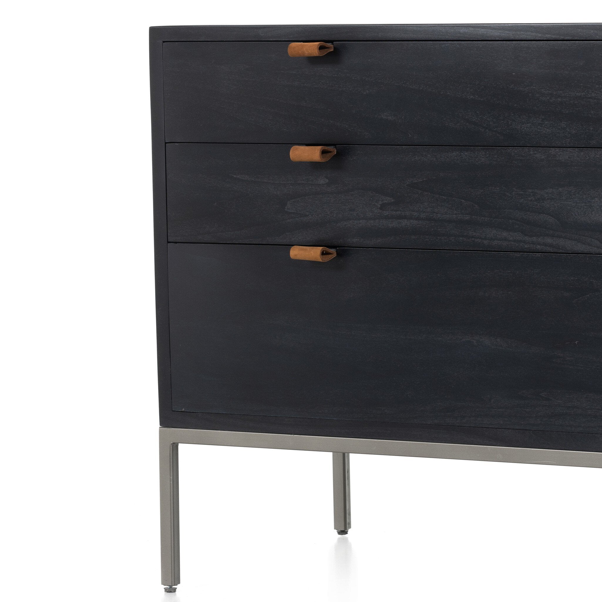 Four Hands Trey Large Nightstand — Black Wash Poplar-Natural Iron-Toffee Leather