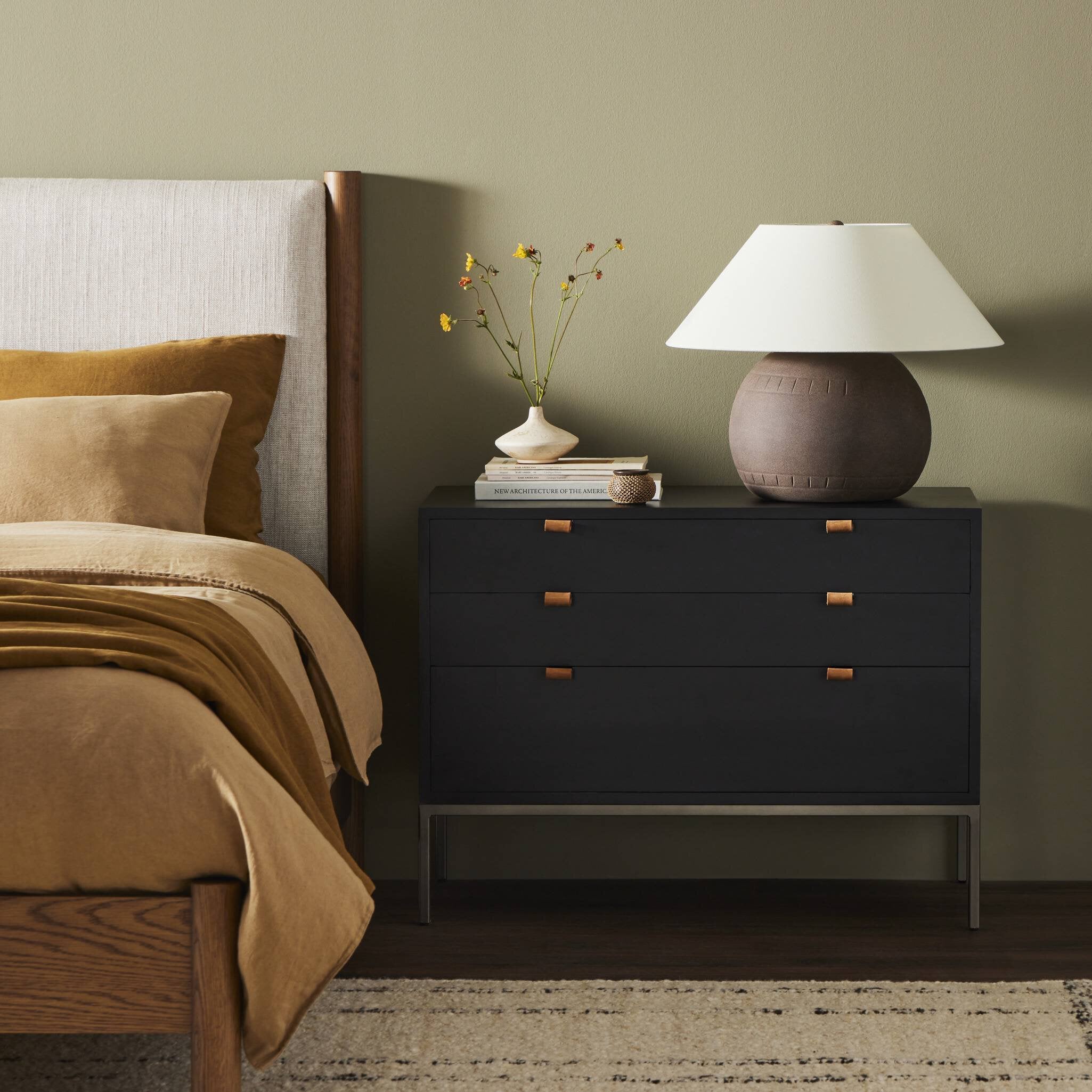 Four Hands Trey Large Nightstand — Black Wash Poplar-Natural Iron-Toffee Leather