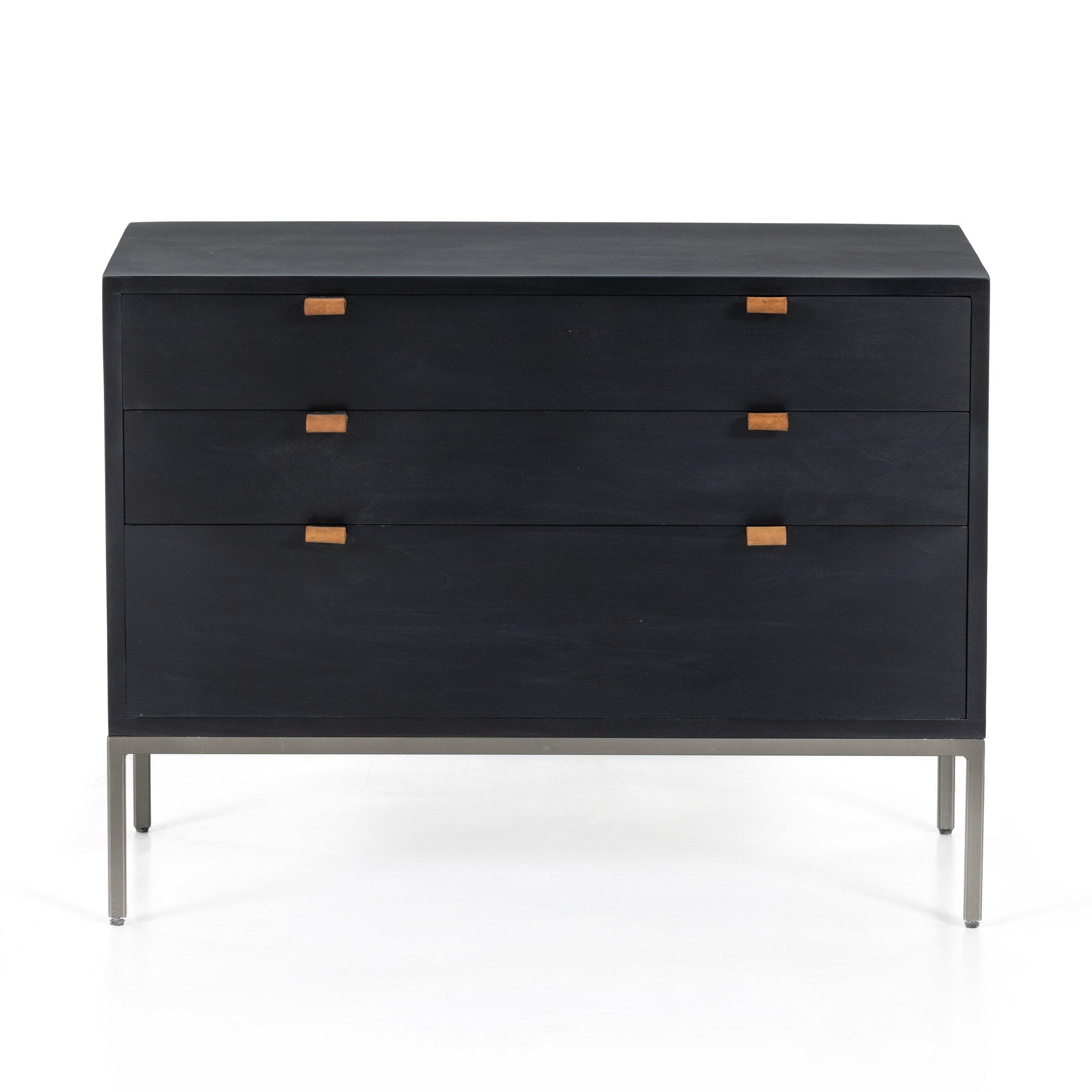 Four Hands Trey Large Nightstand — Black Wash Poplar-Natural Iron-Toffee Leather