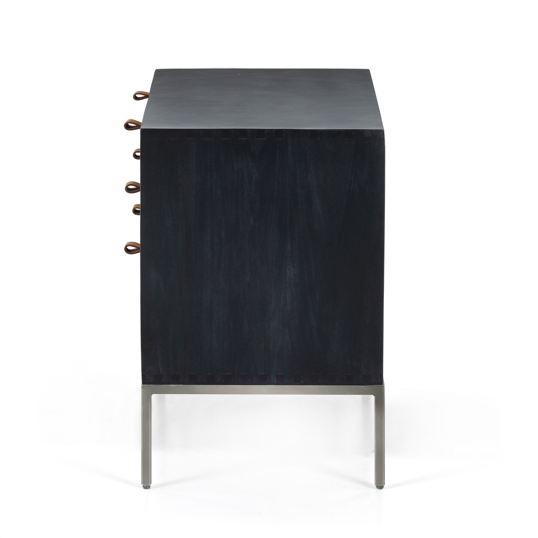 Four Hands Trey Large Nightstand — Black Wash Poplar-Natural Iron-Toffee Leather