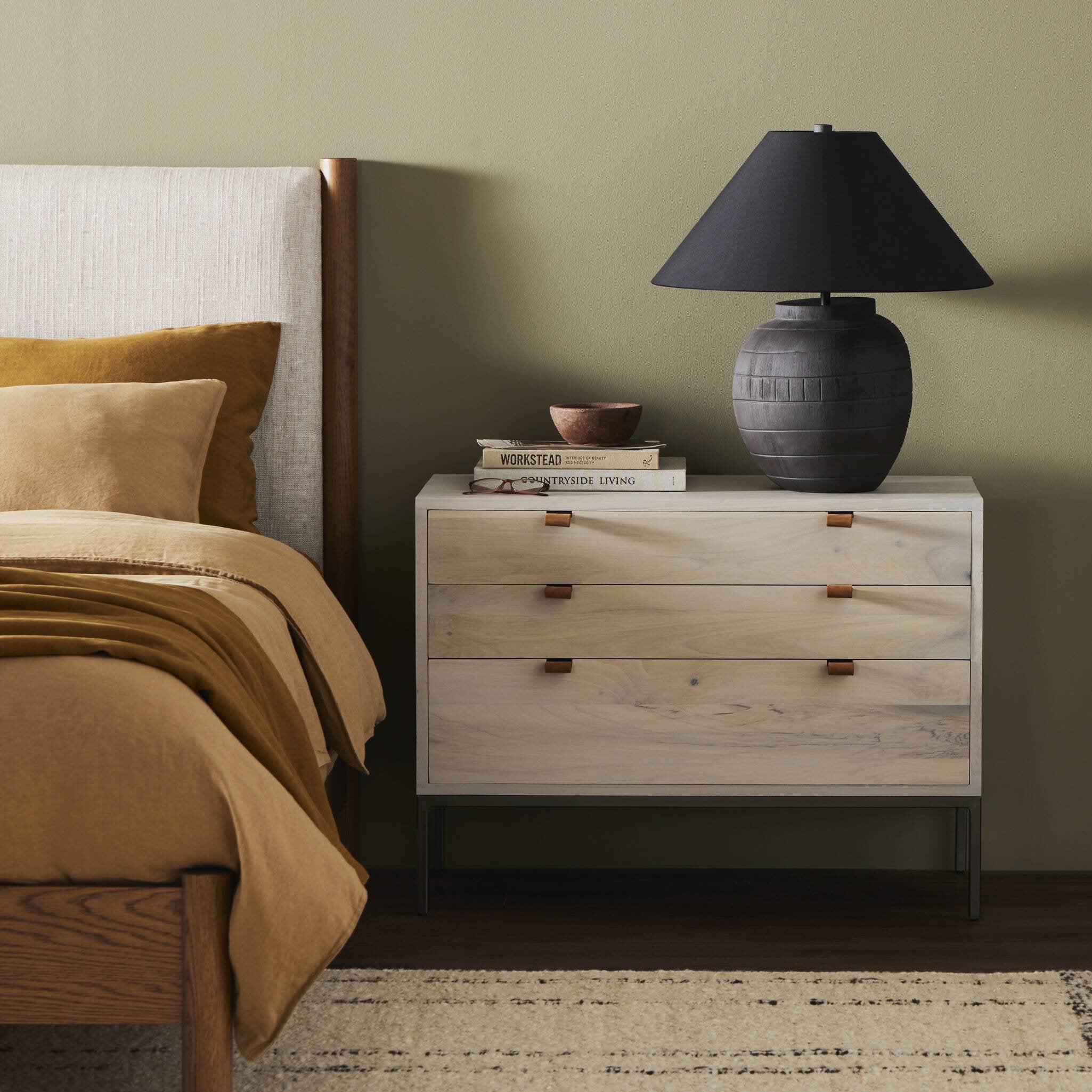 Four Hands Trey Large Nightstand — Dove Poplar-Natural Iron-Toffee Leather