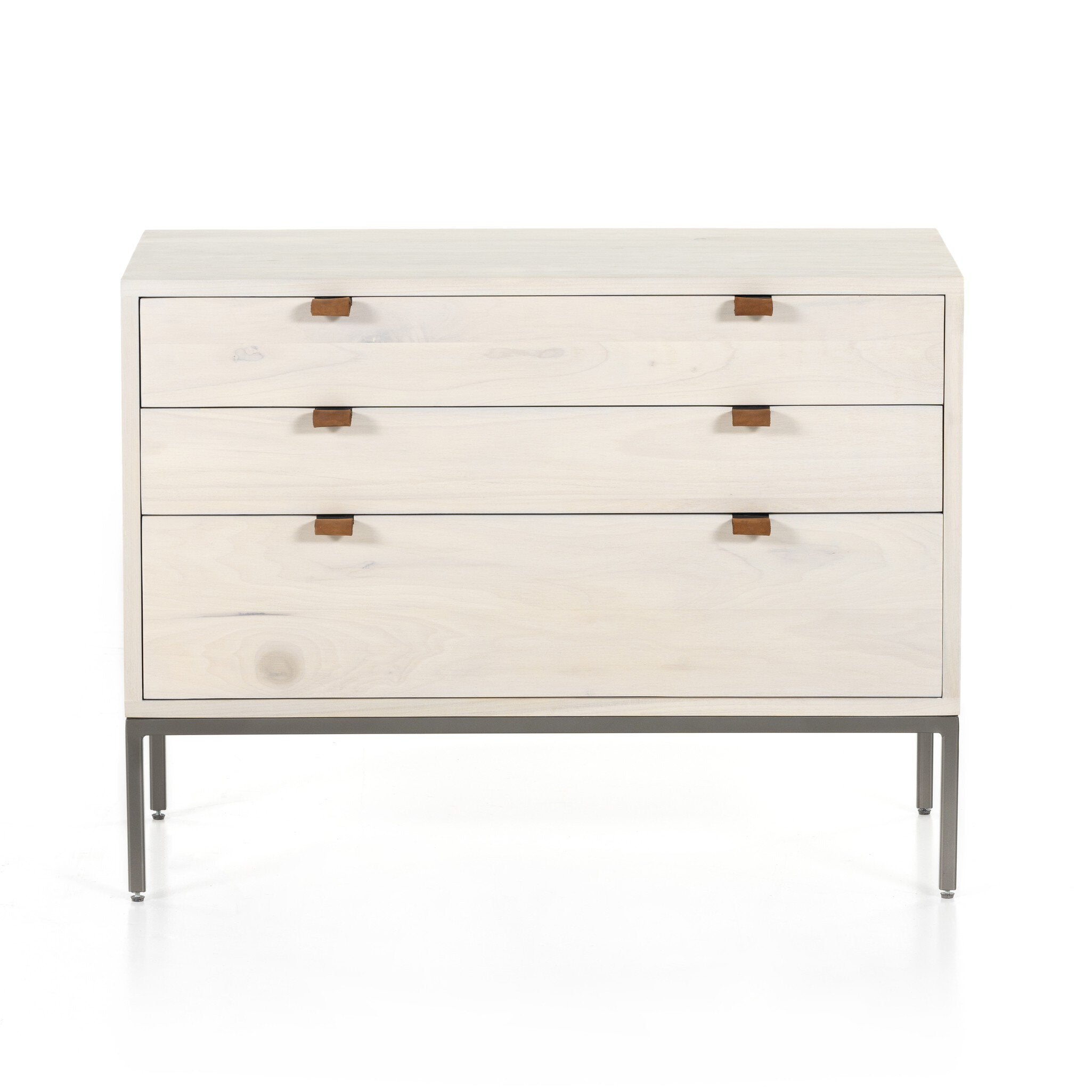 Four Hands Trey Large Nightstand — Dove Poplar-Natural Iron-Toffee Leather