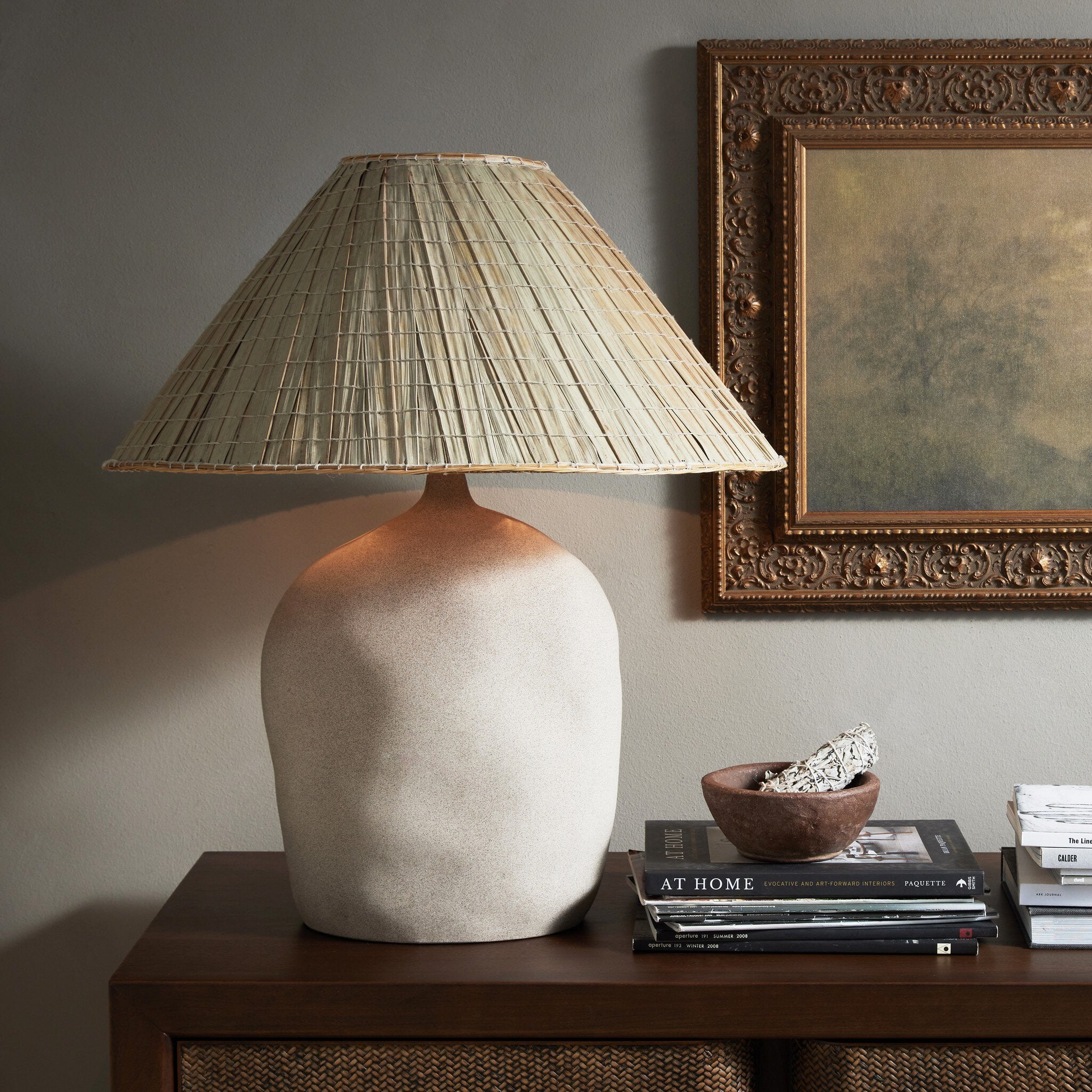 Four Hands Cobb Table Lamp — Sand Porcelain-Natural Palm