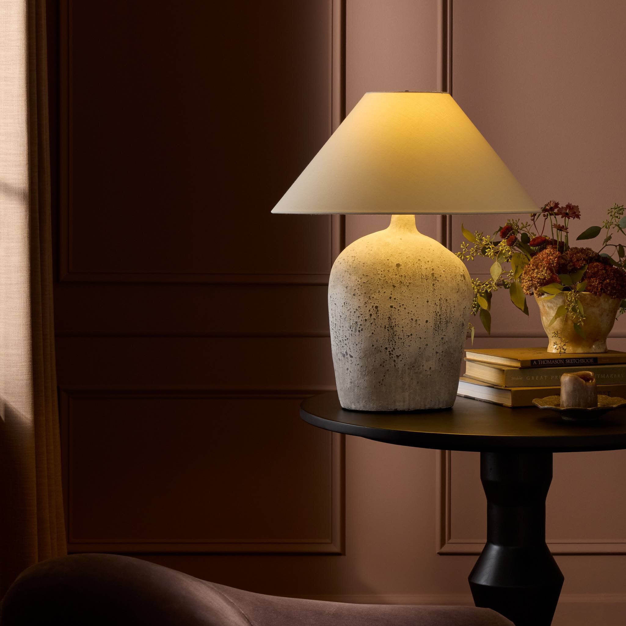 Four Hands Cobb Table Lamp — Antique White Ceramic-Ivory Linen