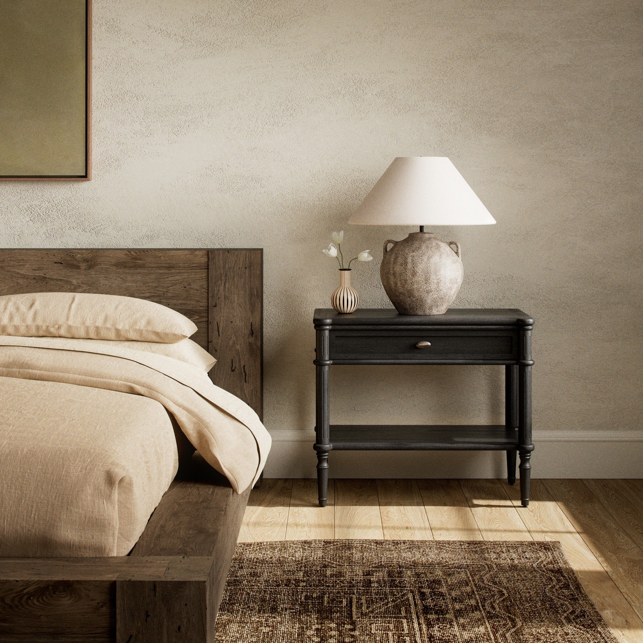 Four Hands Toulouse Nightstand — Distressed Black-Distressed Black Oak-Aged Brass