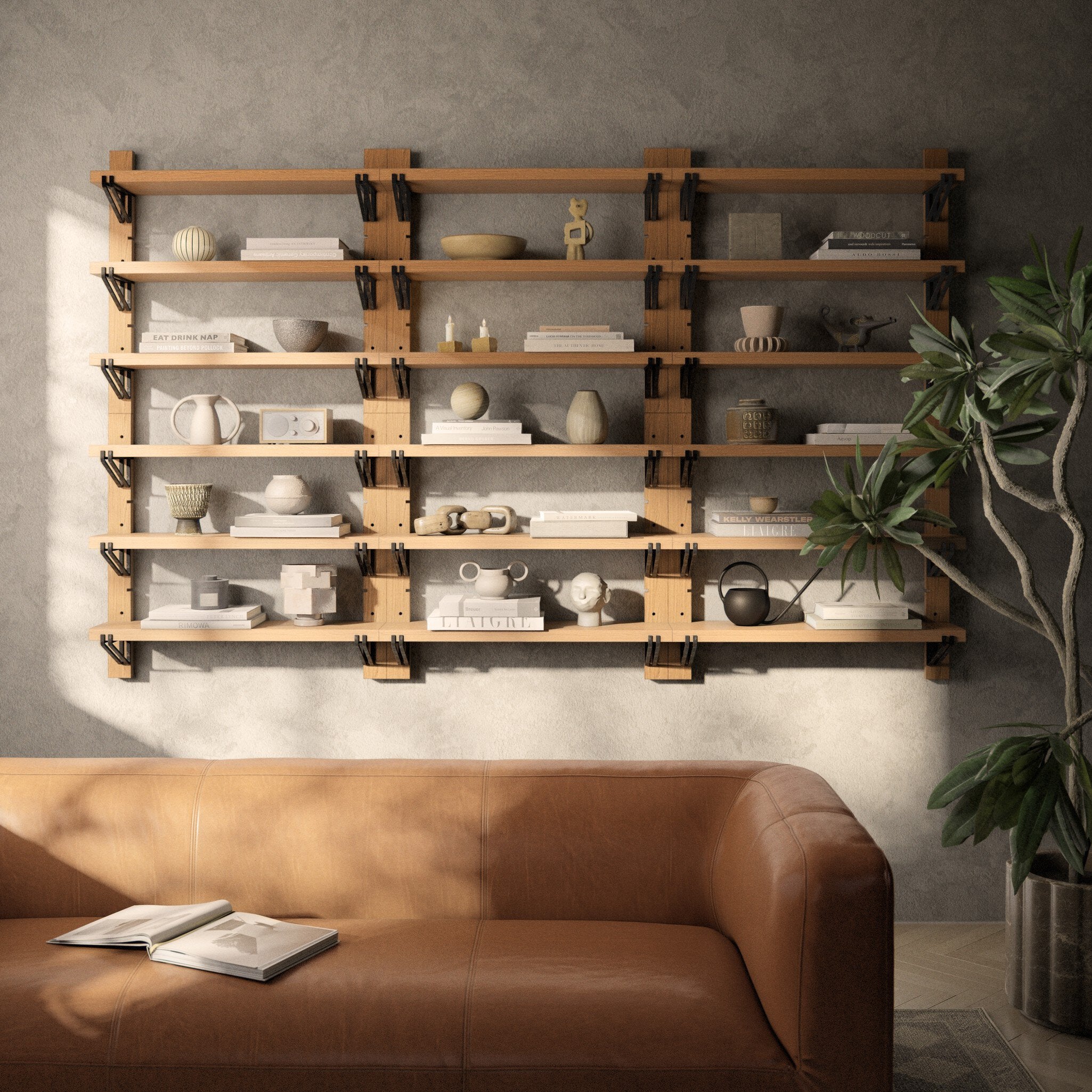 Four Hands Pivott Shelf — Natural Oak Veneer-Dark Iron-Natural Oak