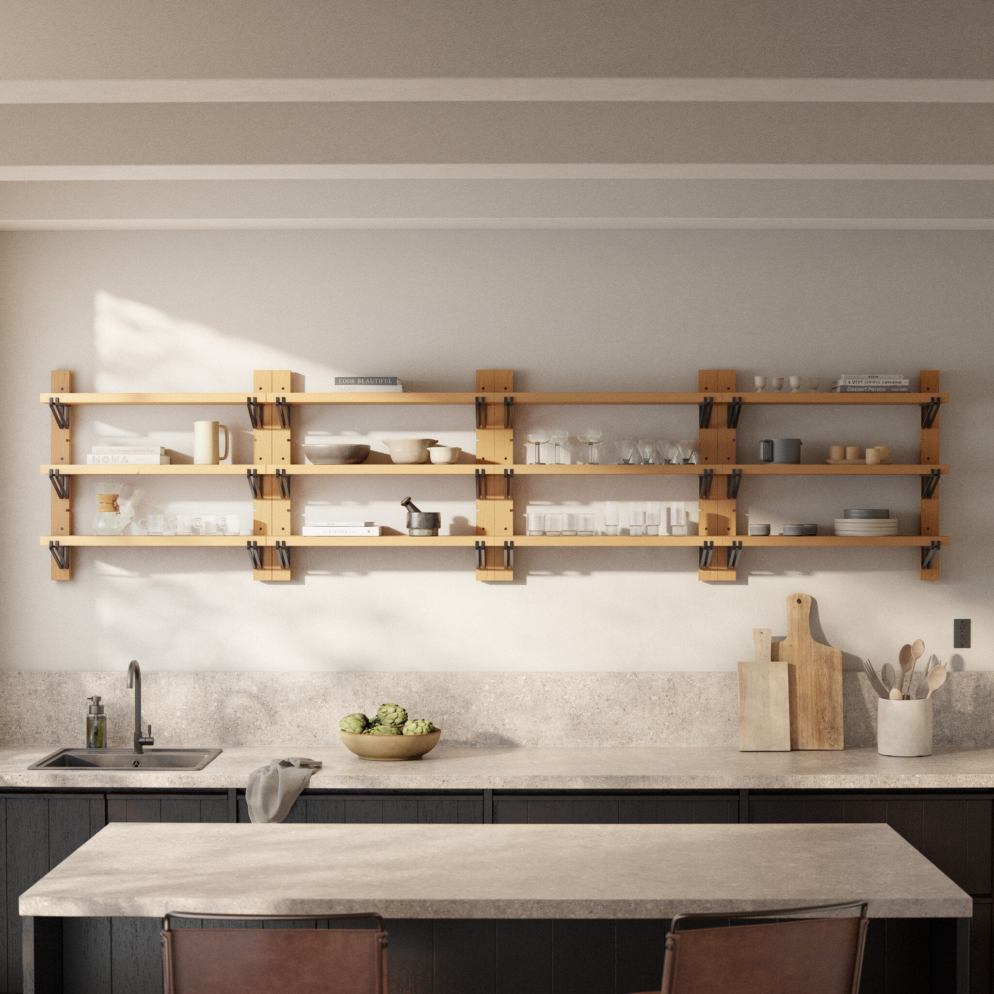 Four Hands Pivott Shelf — Natural Oak Veneer-Dark Iron-Natural Oak