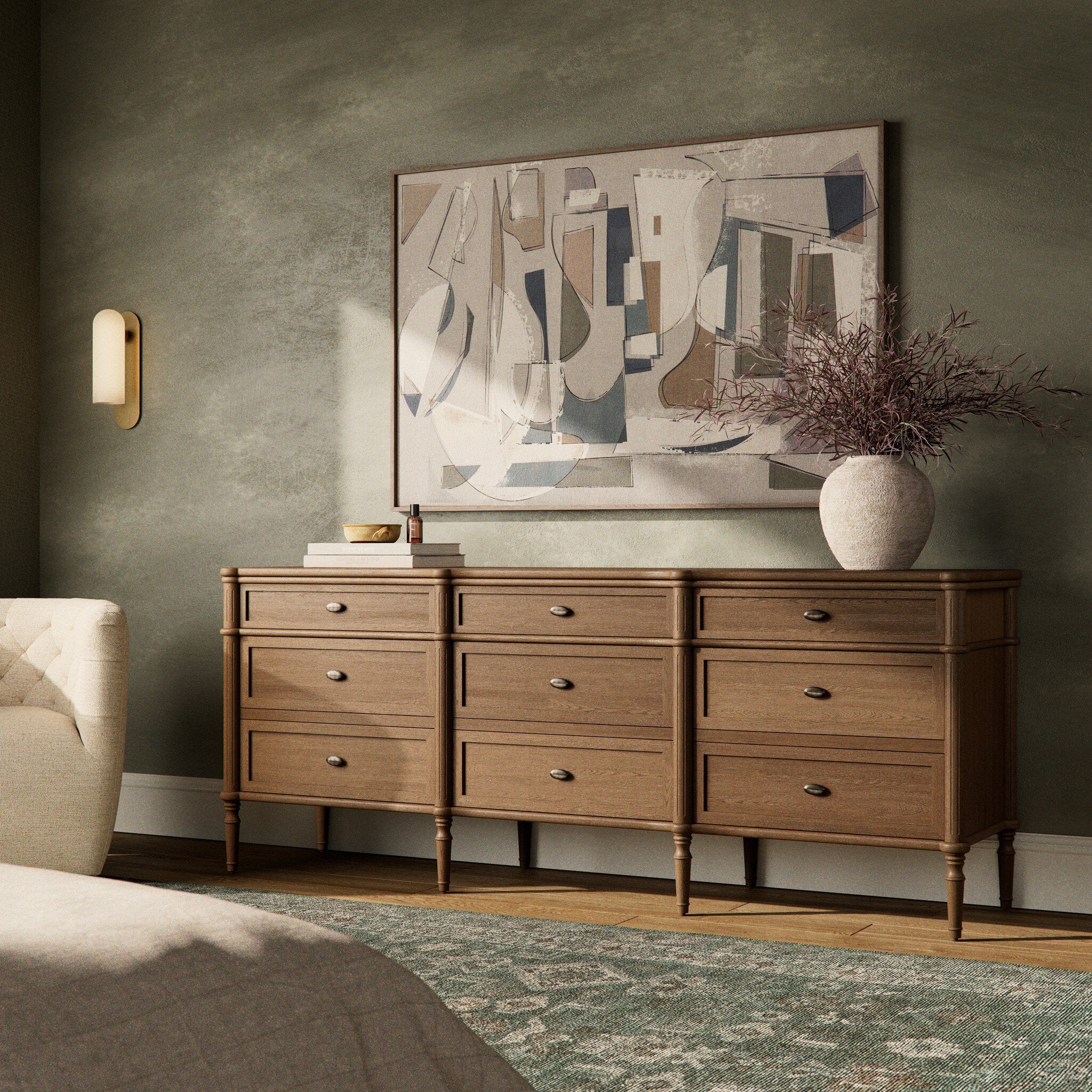 Four Hands Toulouse 9 Drawer Dresser — Toasted Oak-Toasted Oak Veneer-Aged Brass
