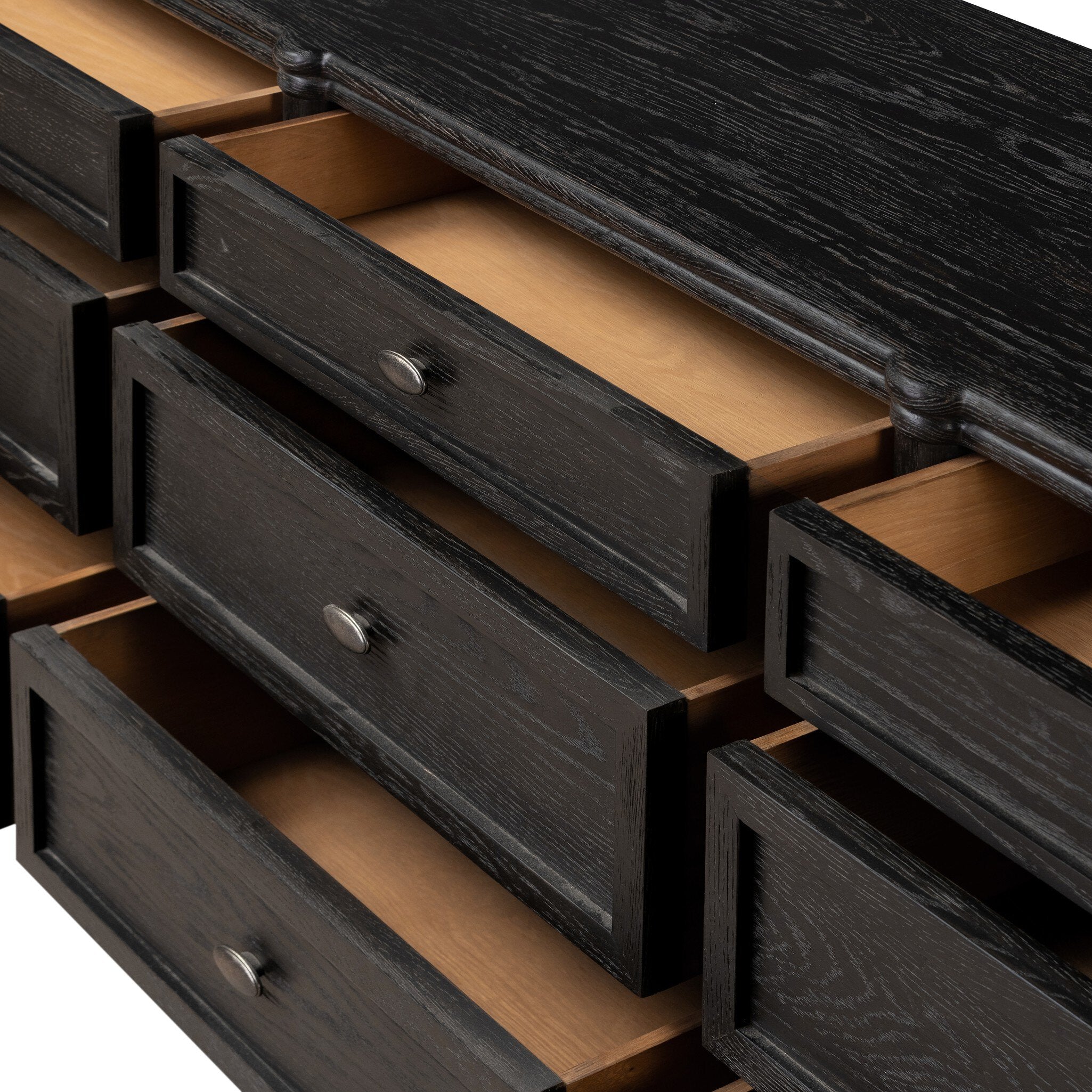 Four Hands Toulouse 9 Drawer Dresser — Distressed Black-Distressed Black Oak-Aged Brass