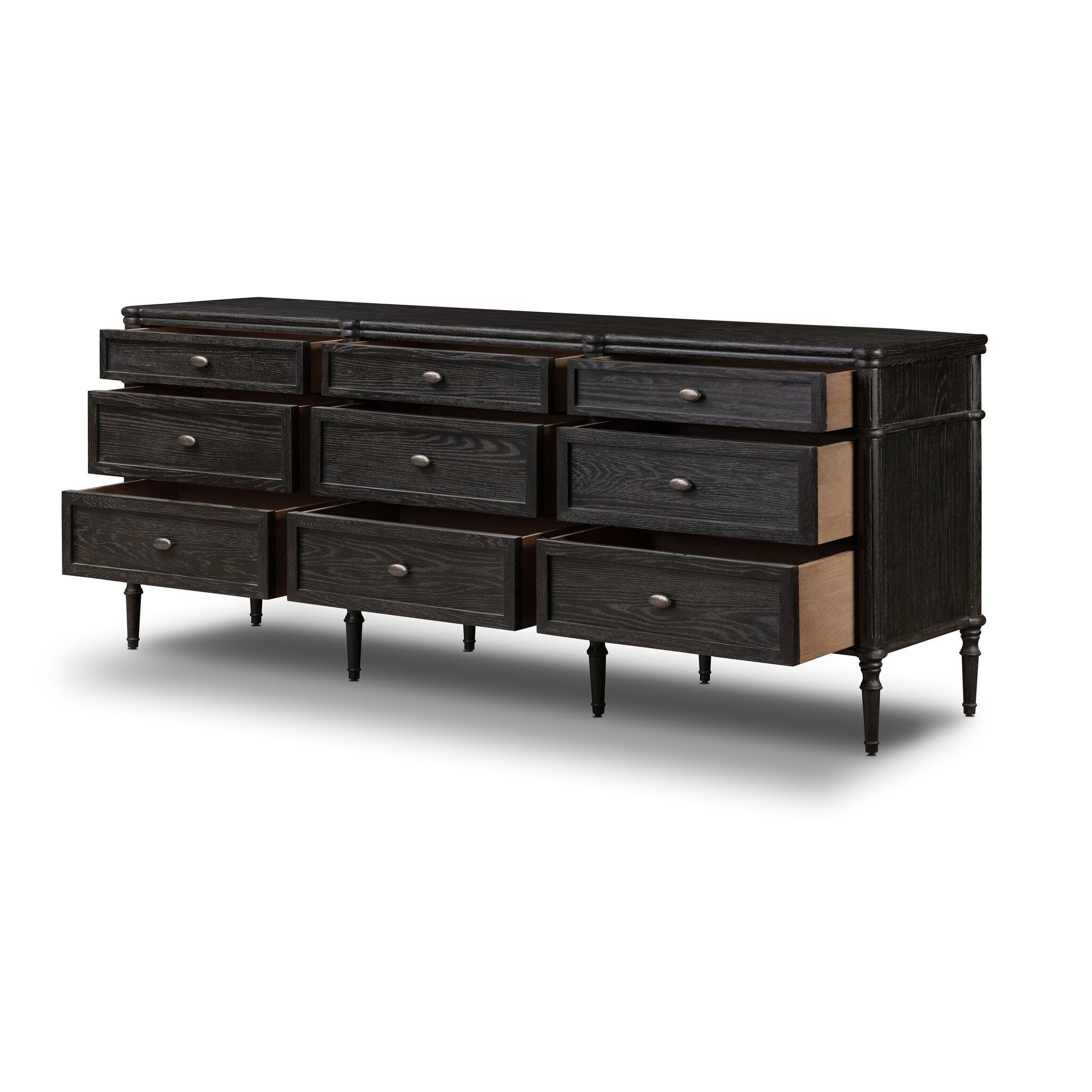 Four Hands Toulouse 9 Drawer Dresser — Distressed Black-Distressed Black Oak-Aged Brass