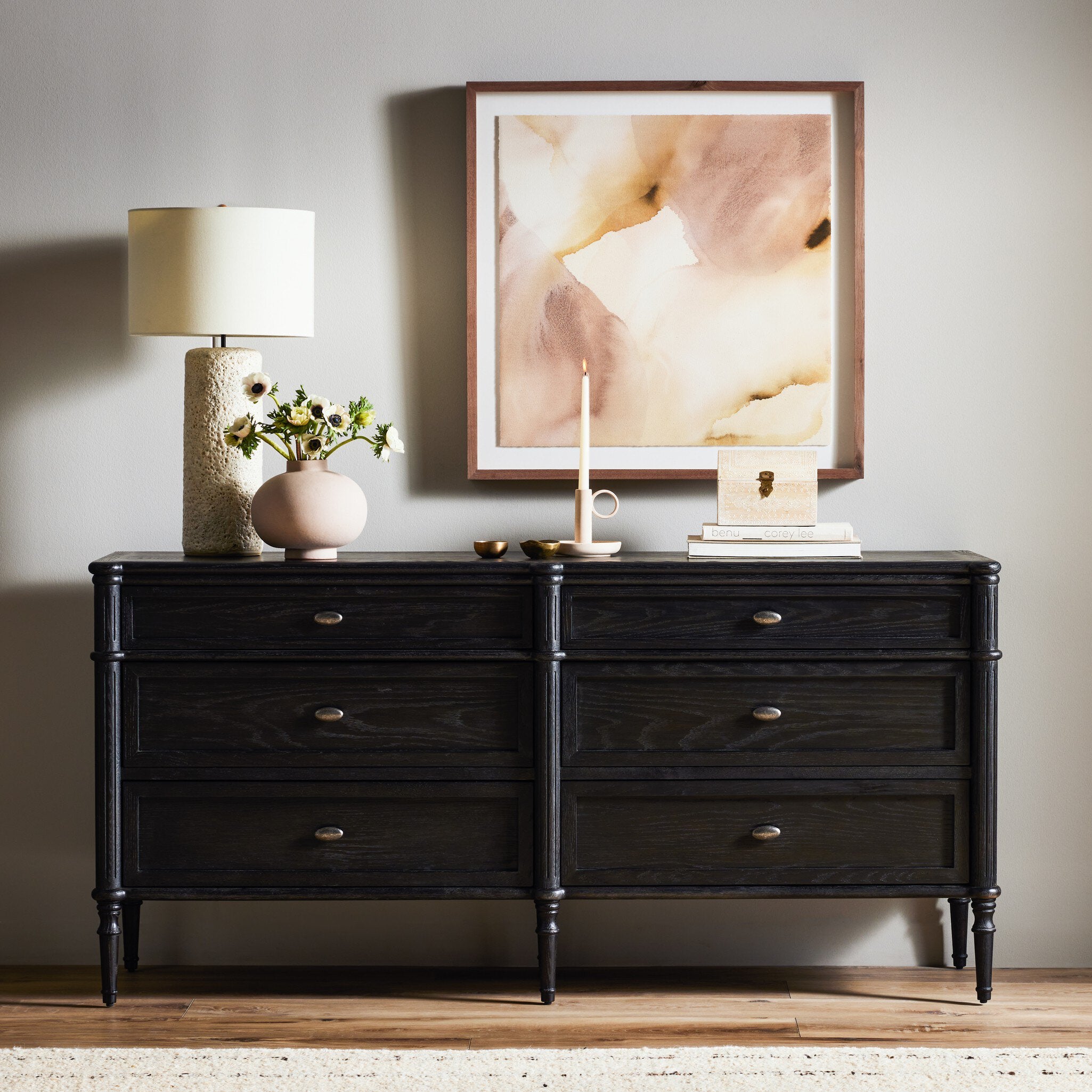 Four Hands Toulouse 6 Drawer Dresser — Distressed Black-Distressed Black Oak-Aged Brass