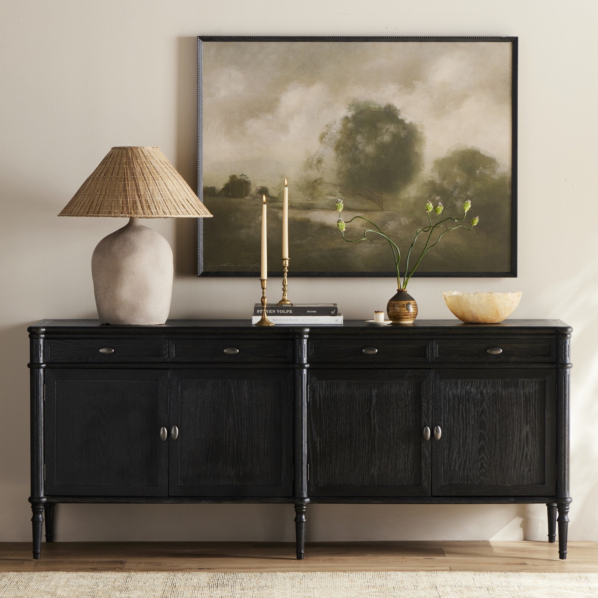 Four Hands Toulouse Sideboard — Distressed Black Oak-Distressed Black-Aged Brass