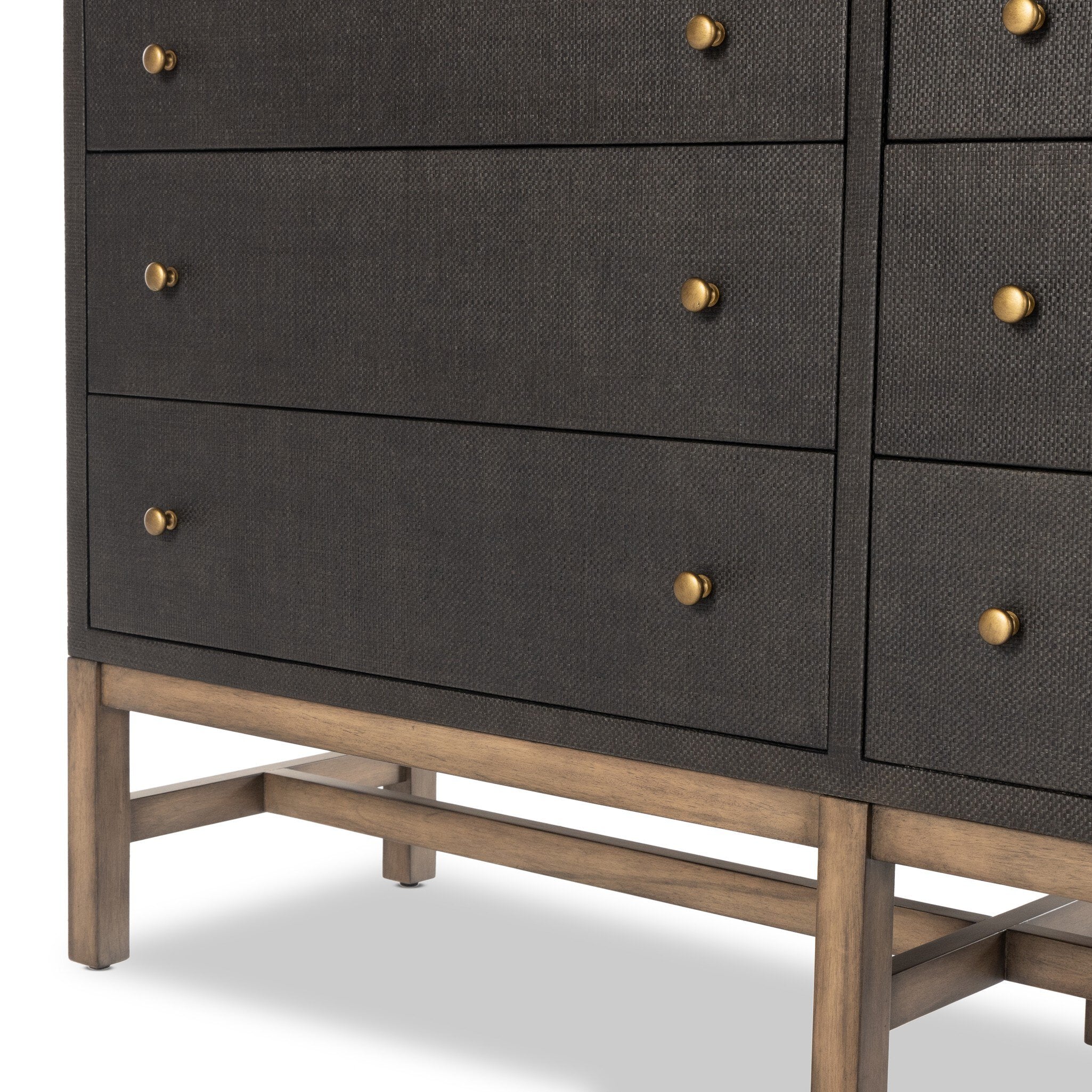 Four Hands Fiona 6 Drawer Dresser — Black Raffia-Russet Mahogany-Light Antique Brass